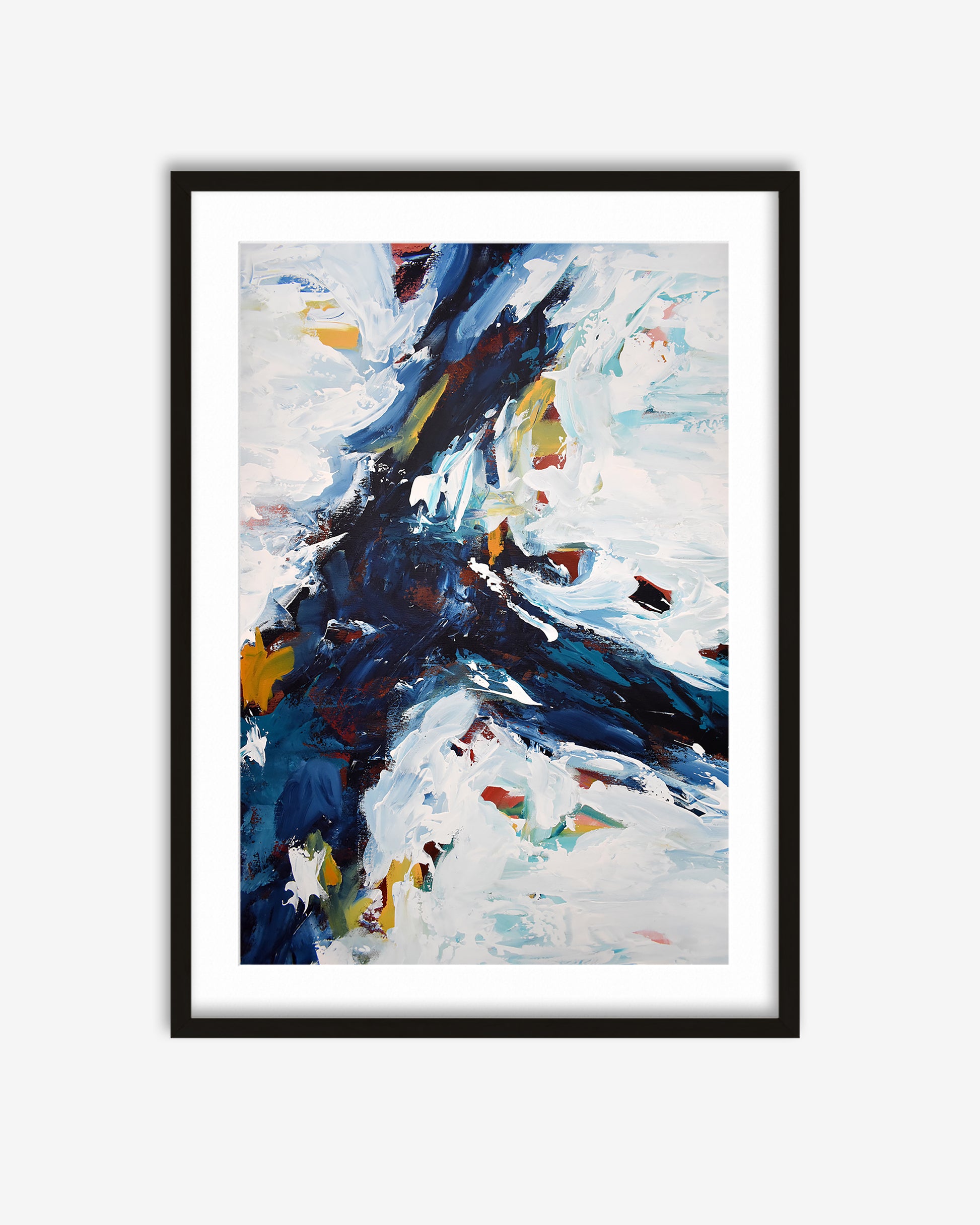 Framed abstract painting with bold colors on a white background