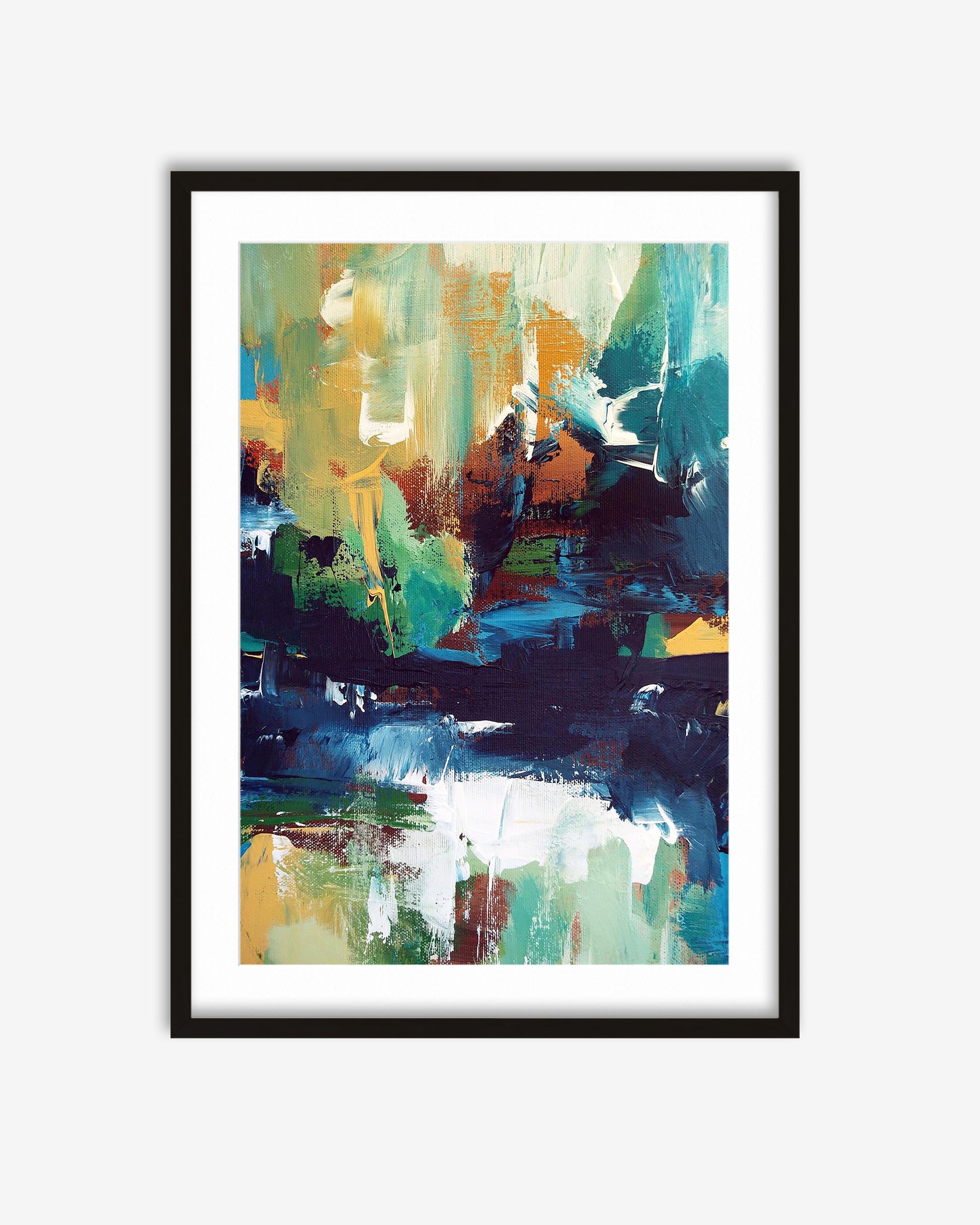 Framed abstract art print with colorful brush strokes on a white background