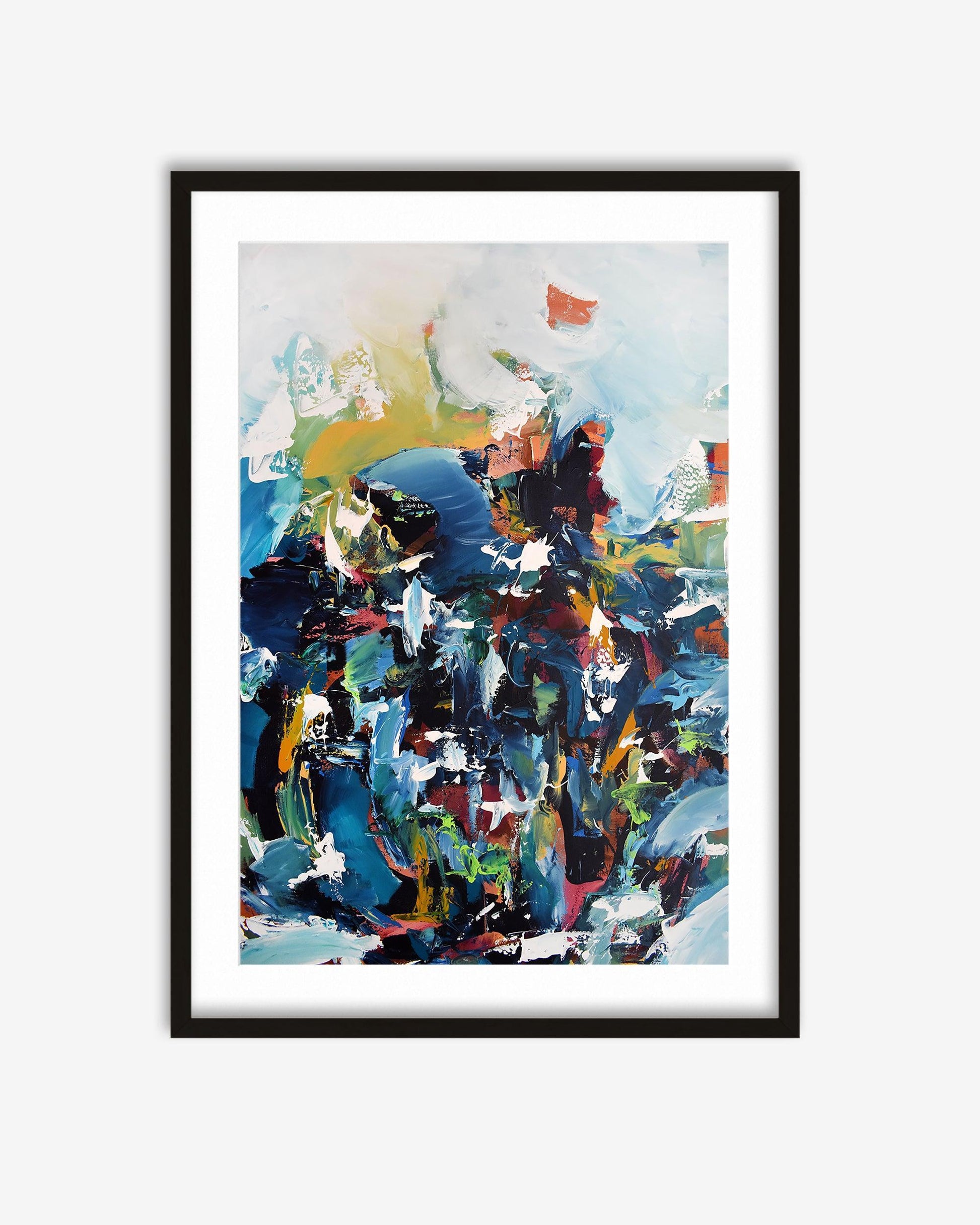 Framed abstract painting with colorful brush strokes on a white background