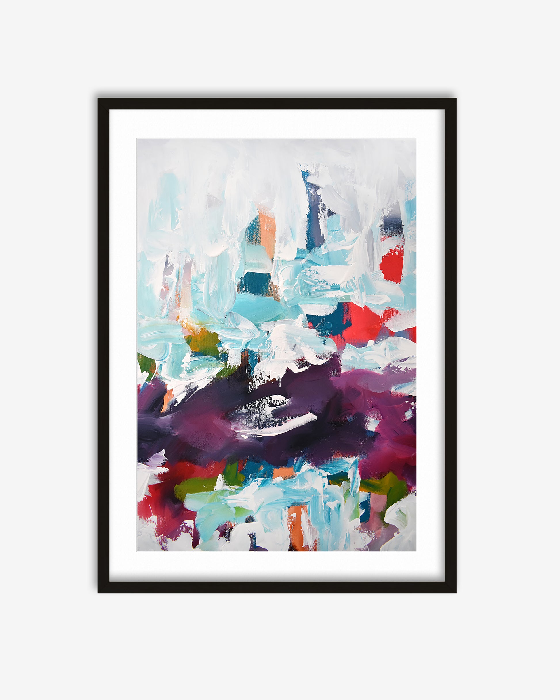Framed abstract art print with colorful brush strokes on a white background