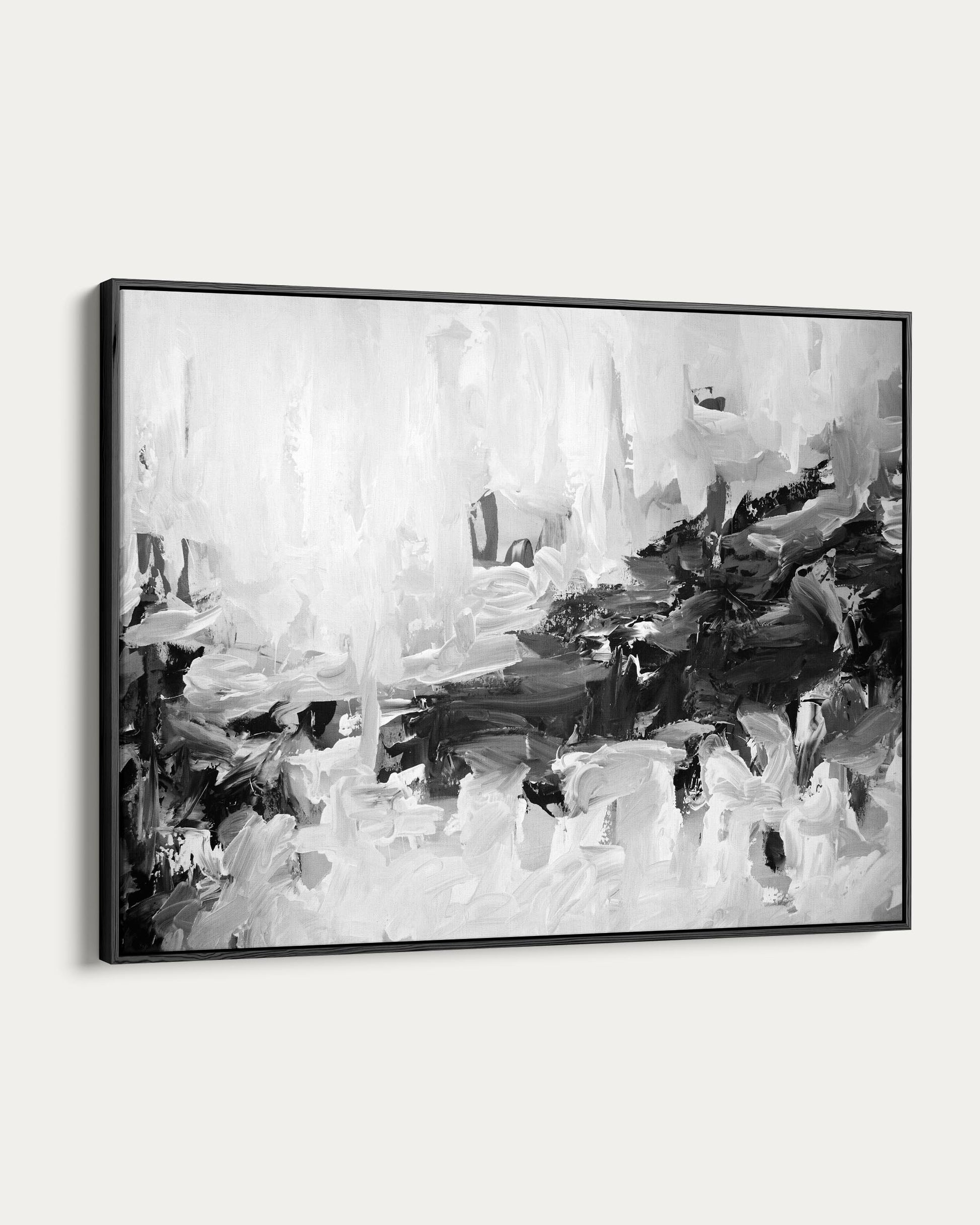 Abstract black and white painting in a black frame on a white background