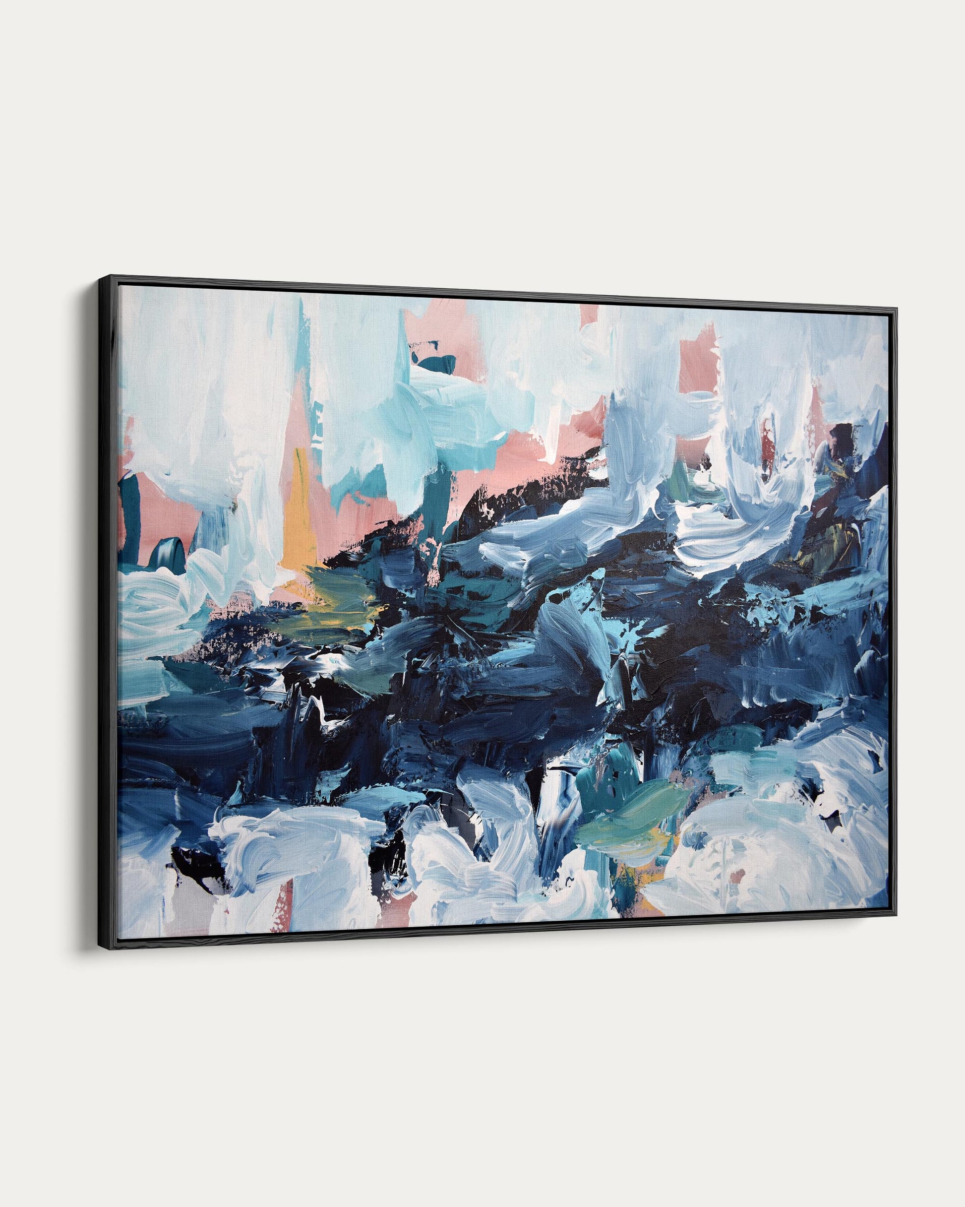 Abstract painting with blue, pink, and black colors on a white background