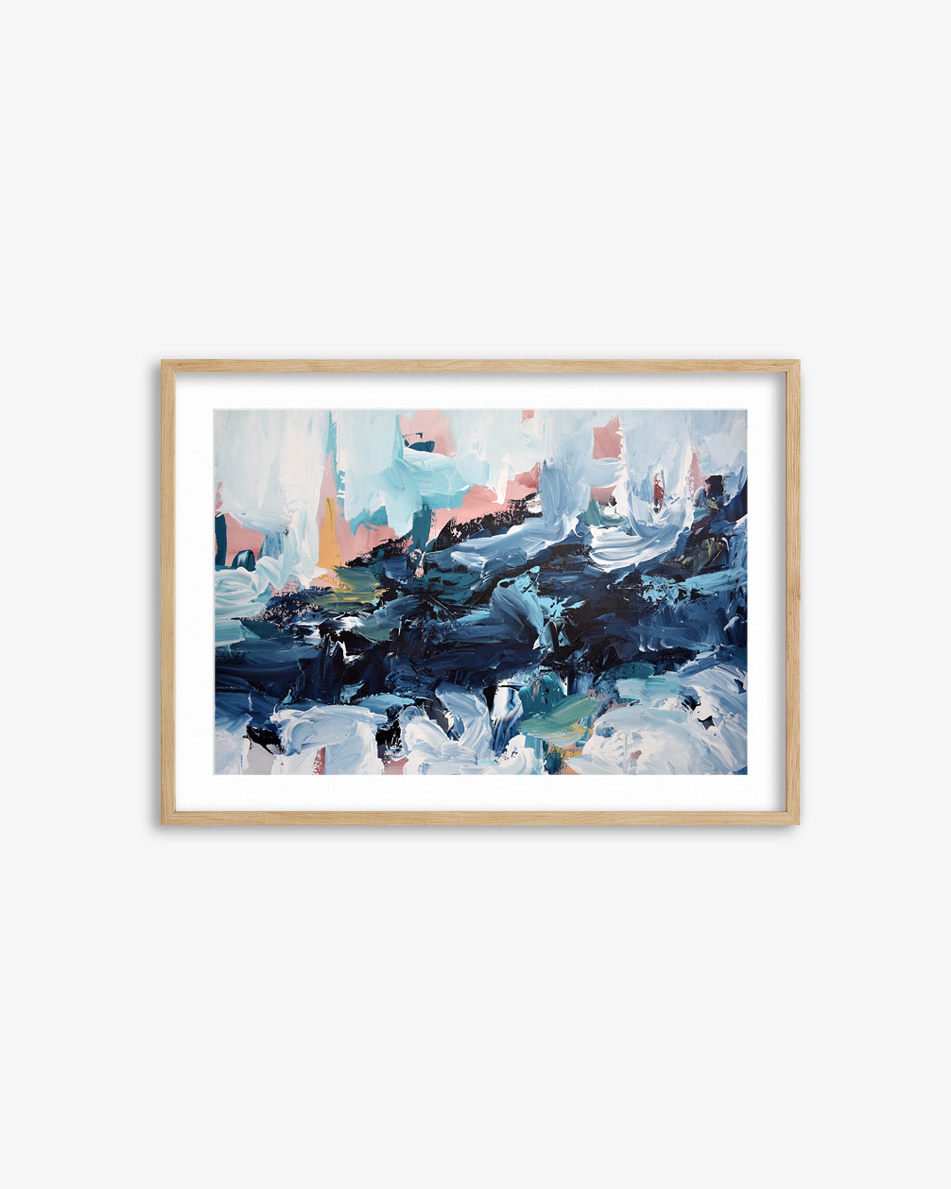 Framed abstract painting with blue, white, and black colors on a white wall.