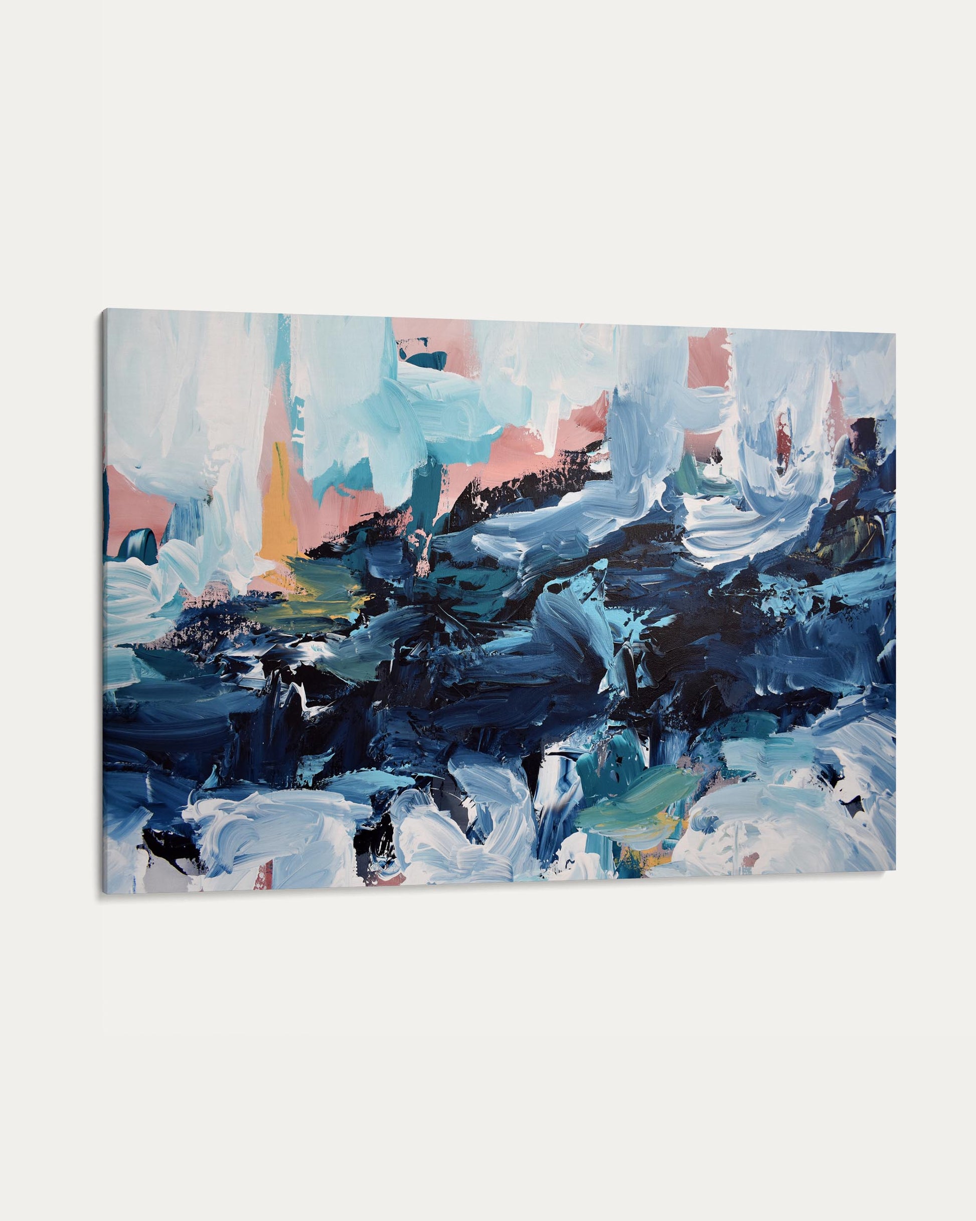 Abstract painting with blue, pink, and black colors on a white background