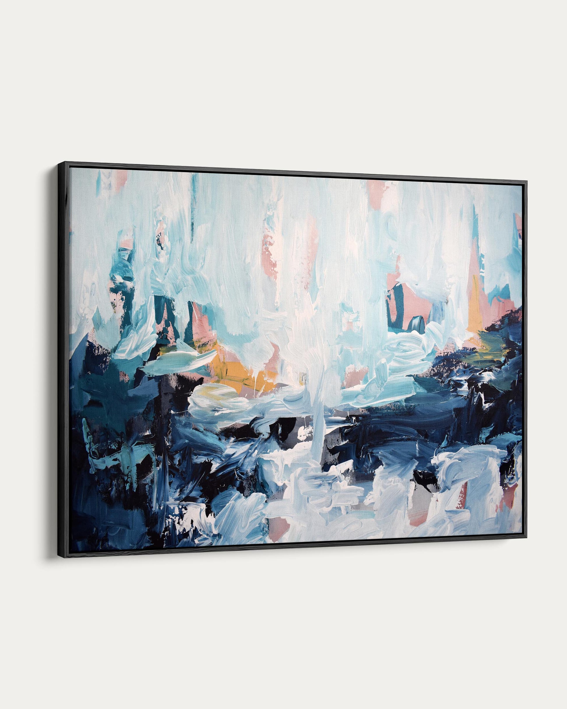 Abstract painting with blue, pink, and black colors on a white background