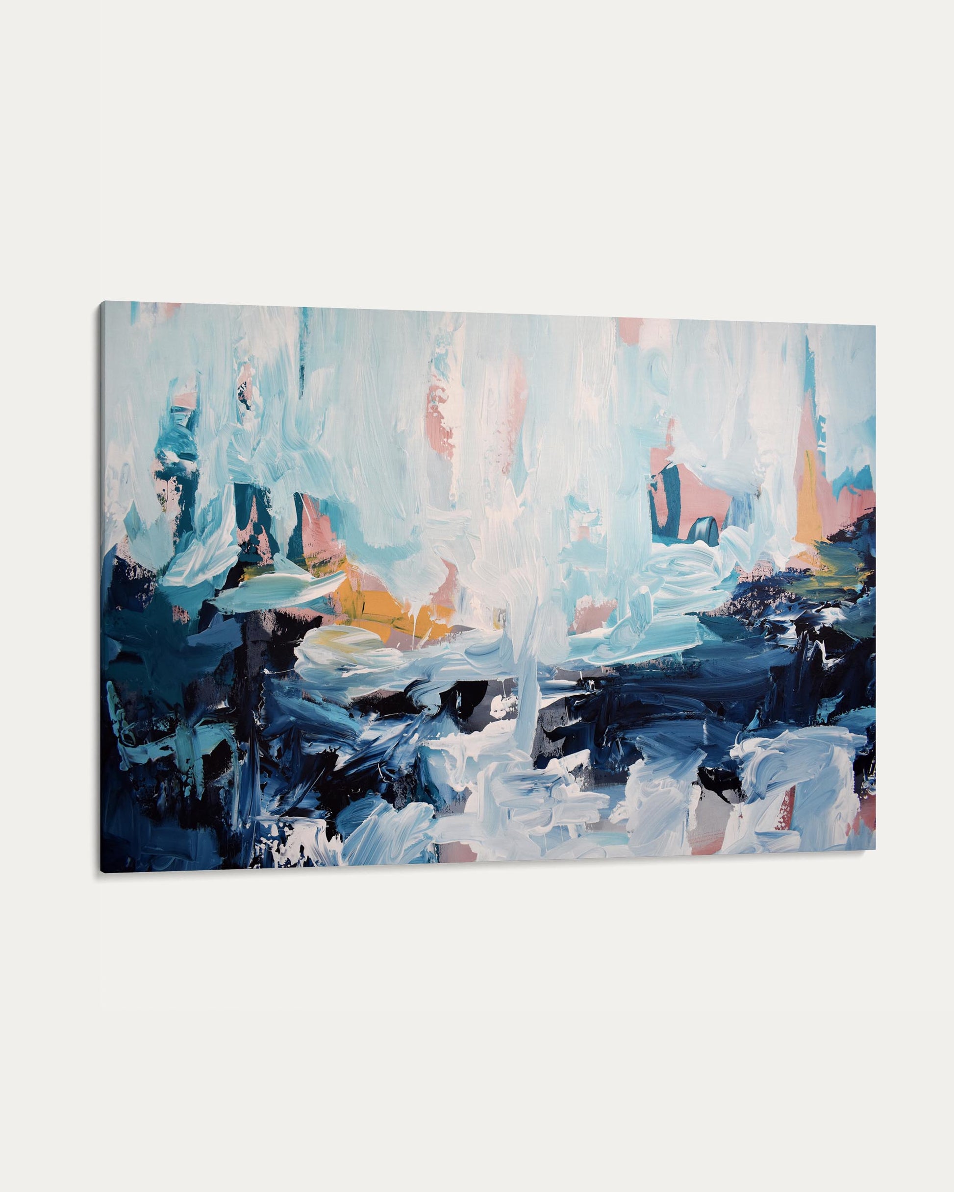 Abstract painting with a mix of blue, white, and orange on a white background