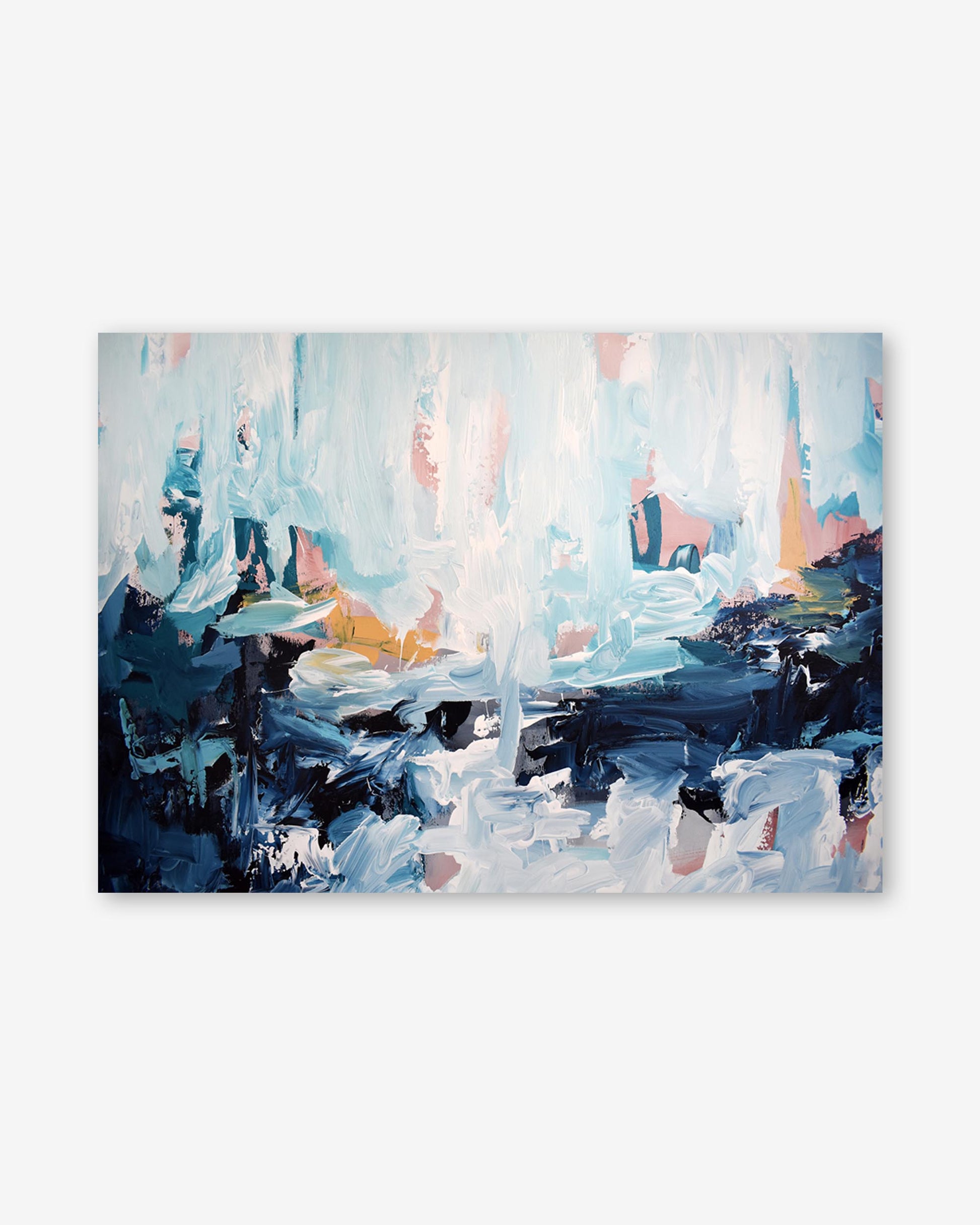 Abstract painting with a mix of blue, white, and black colors on a white background