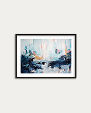Framed abstract painting on a white wall