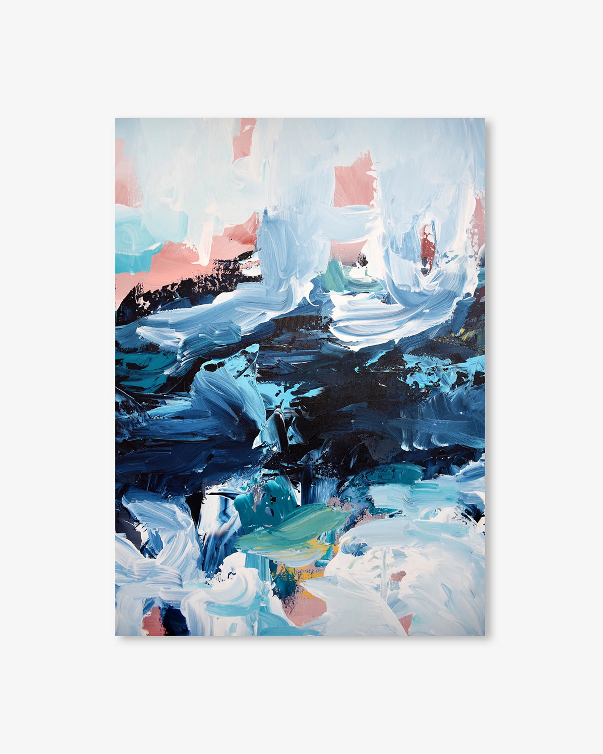 Abstract painting with blue, pink, and black colors on a white background