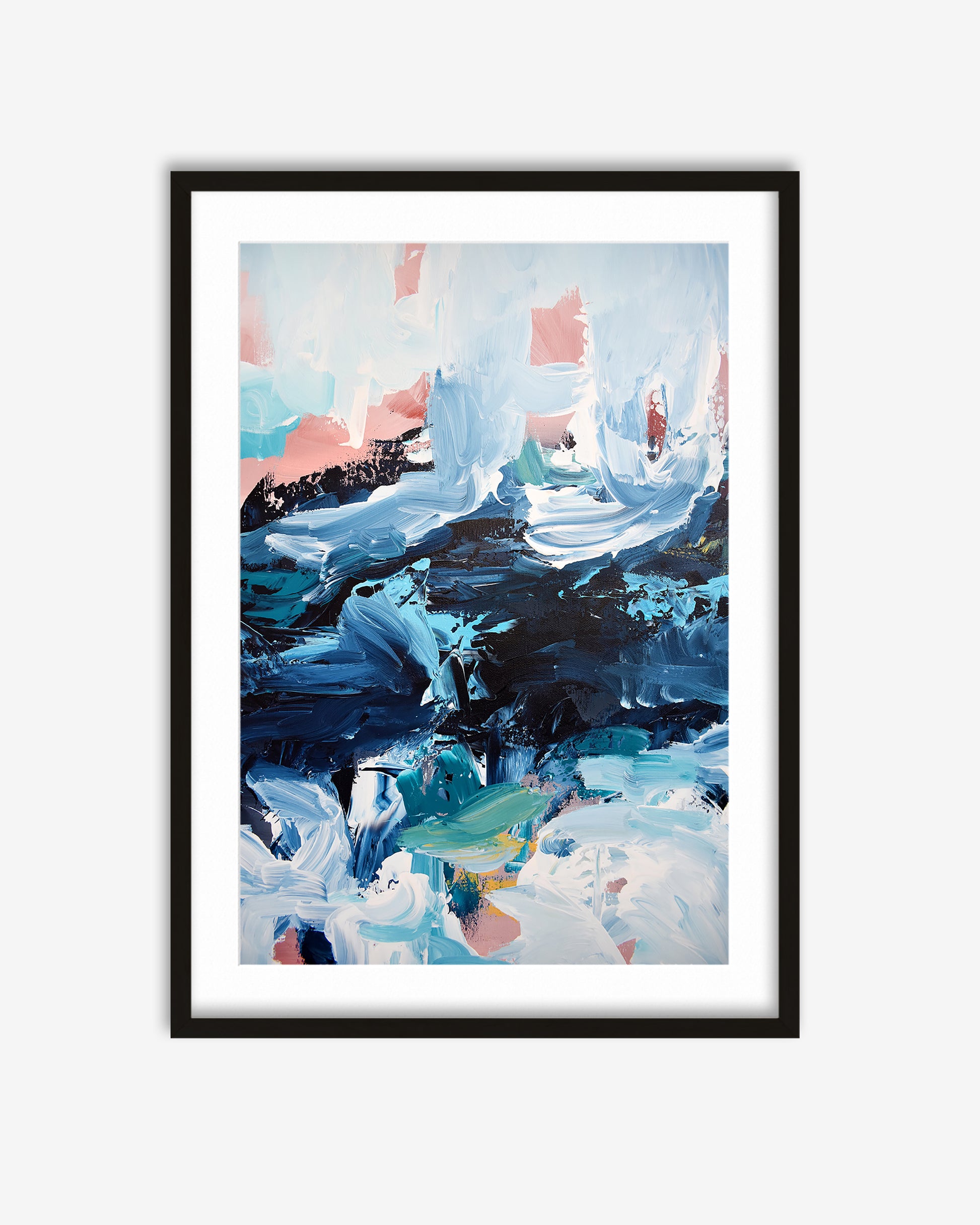 Framed abstract painting with blue, pink, and white colors on a white background