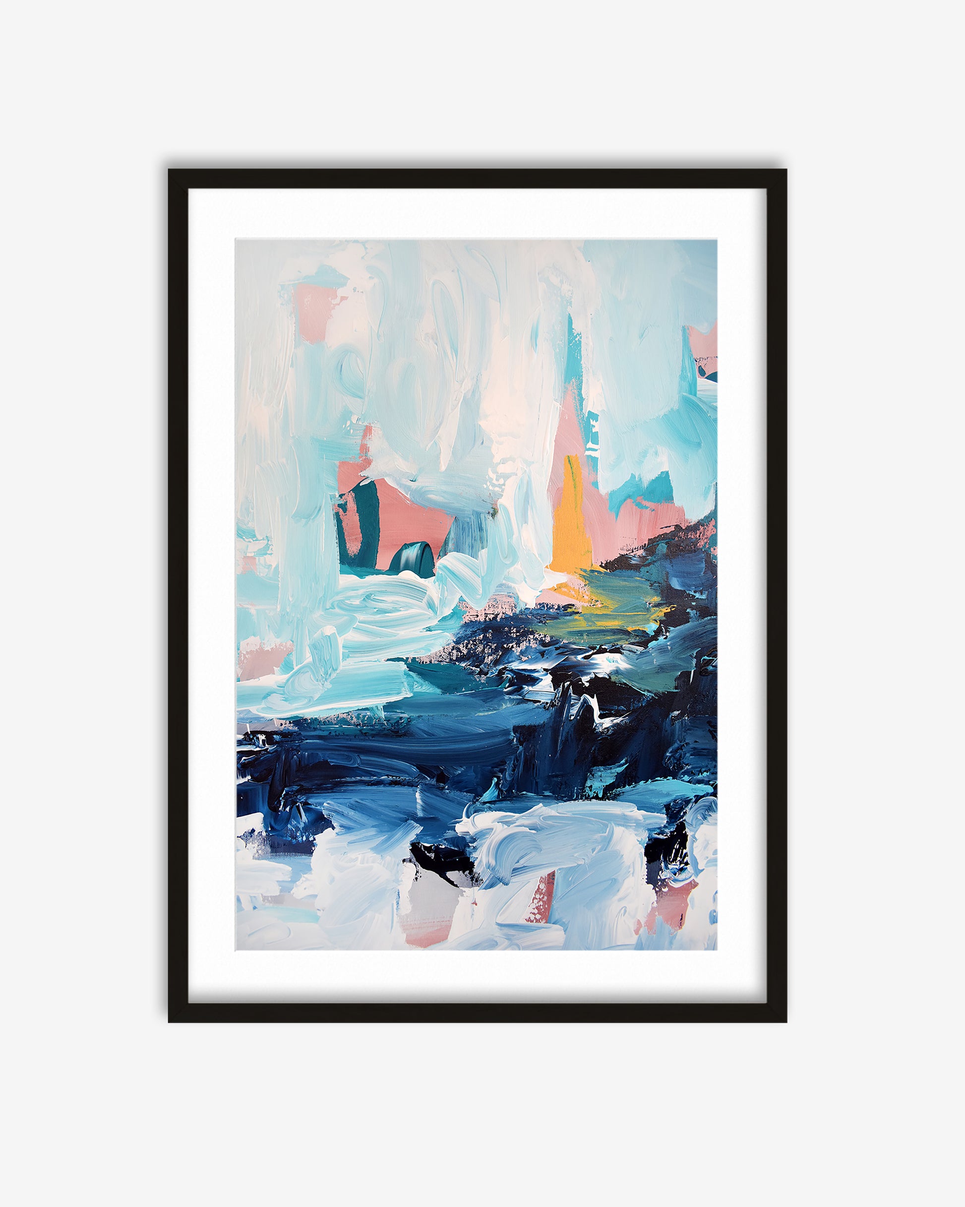 Framed abstract painting with colorful abstract shapes on a white background