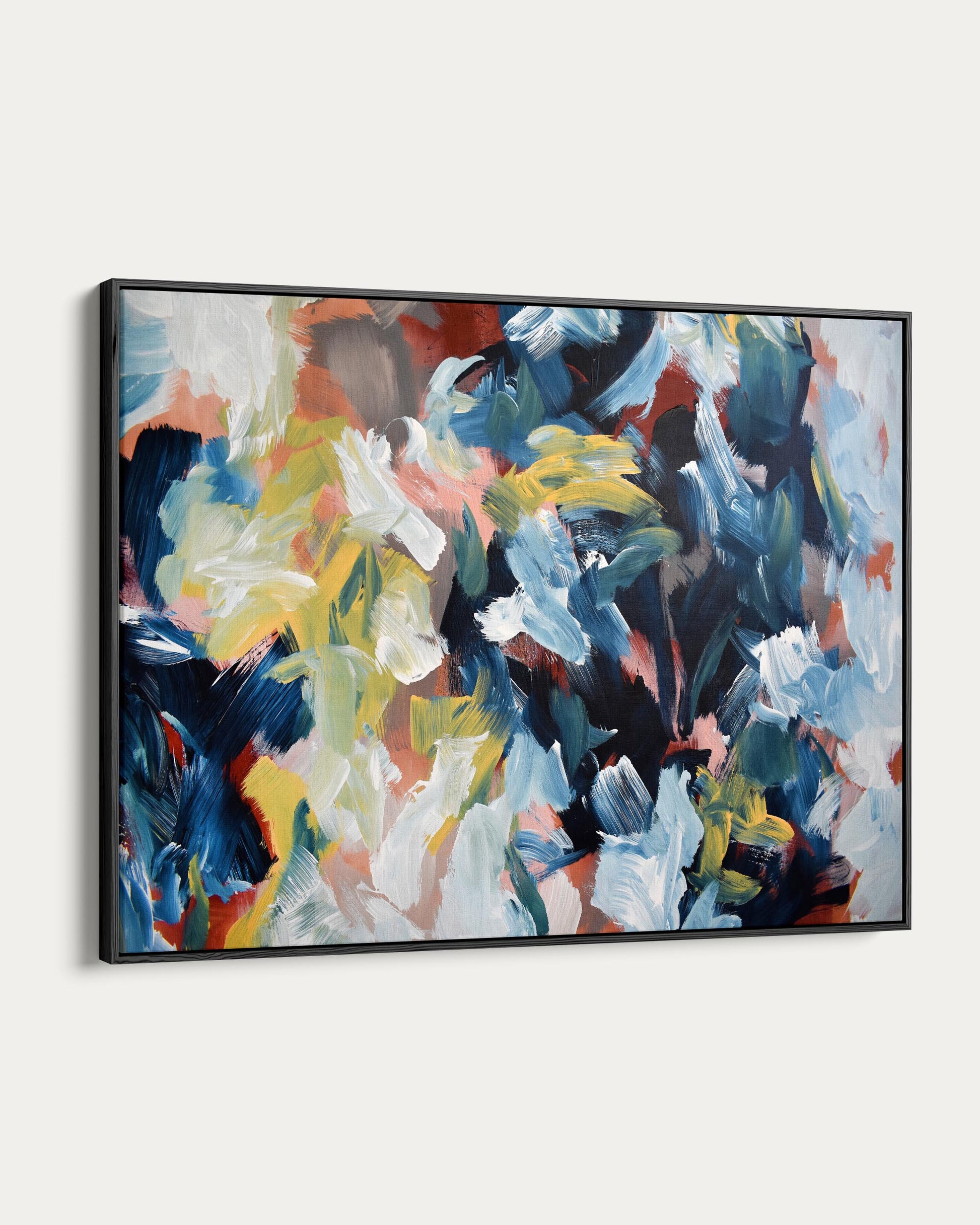Abstract painting with colorful brush strokes in a black frame on a white background