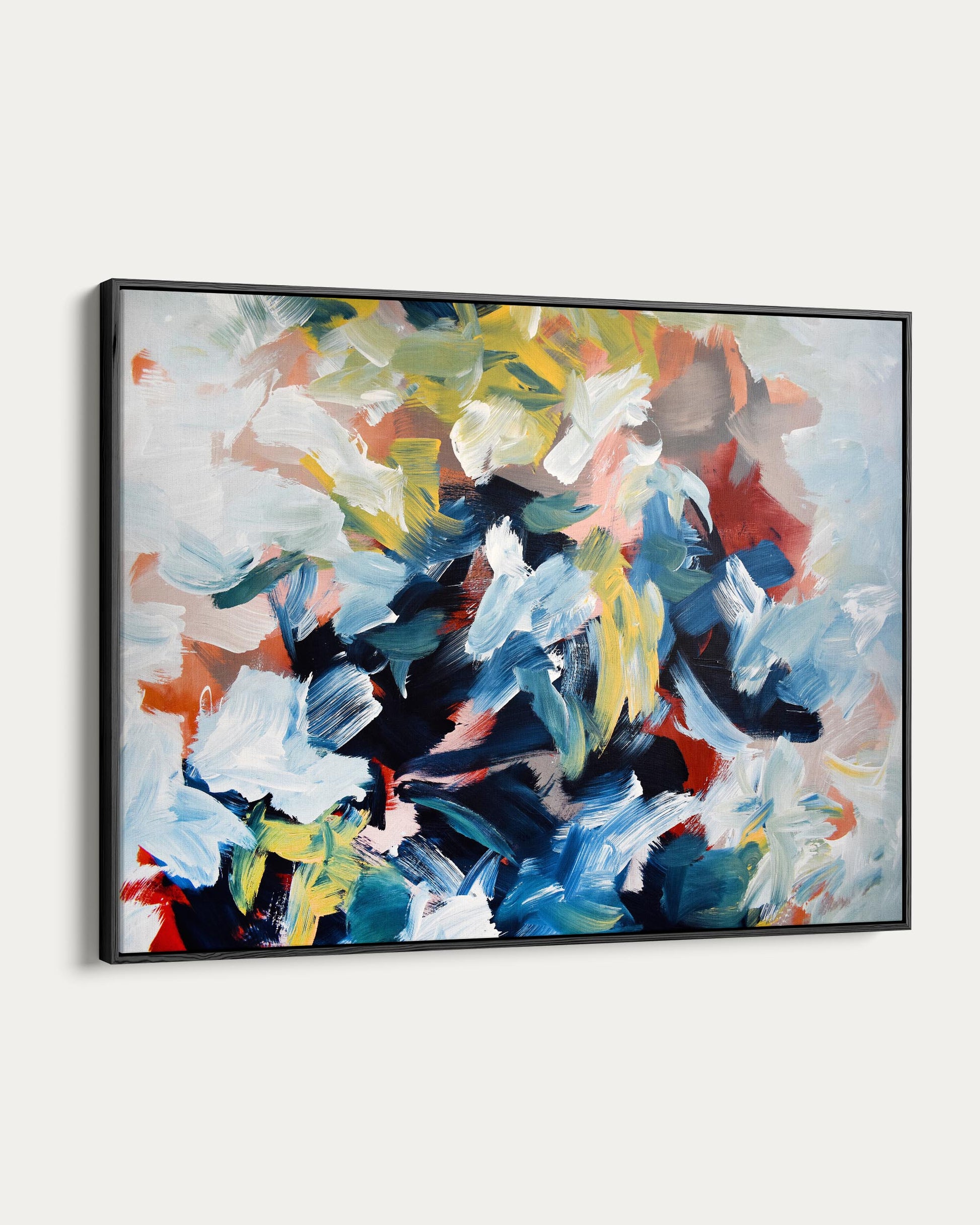 Abstract painting with colorful brush strokes in a black frame on a white background