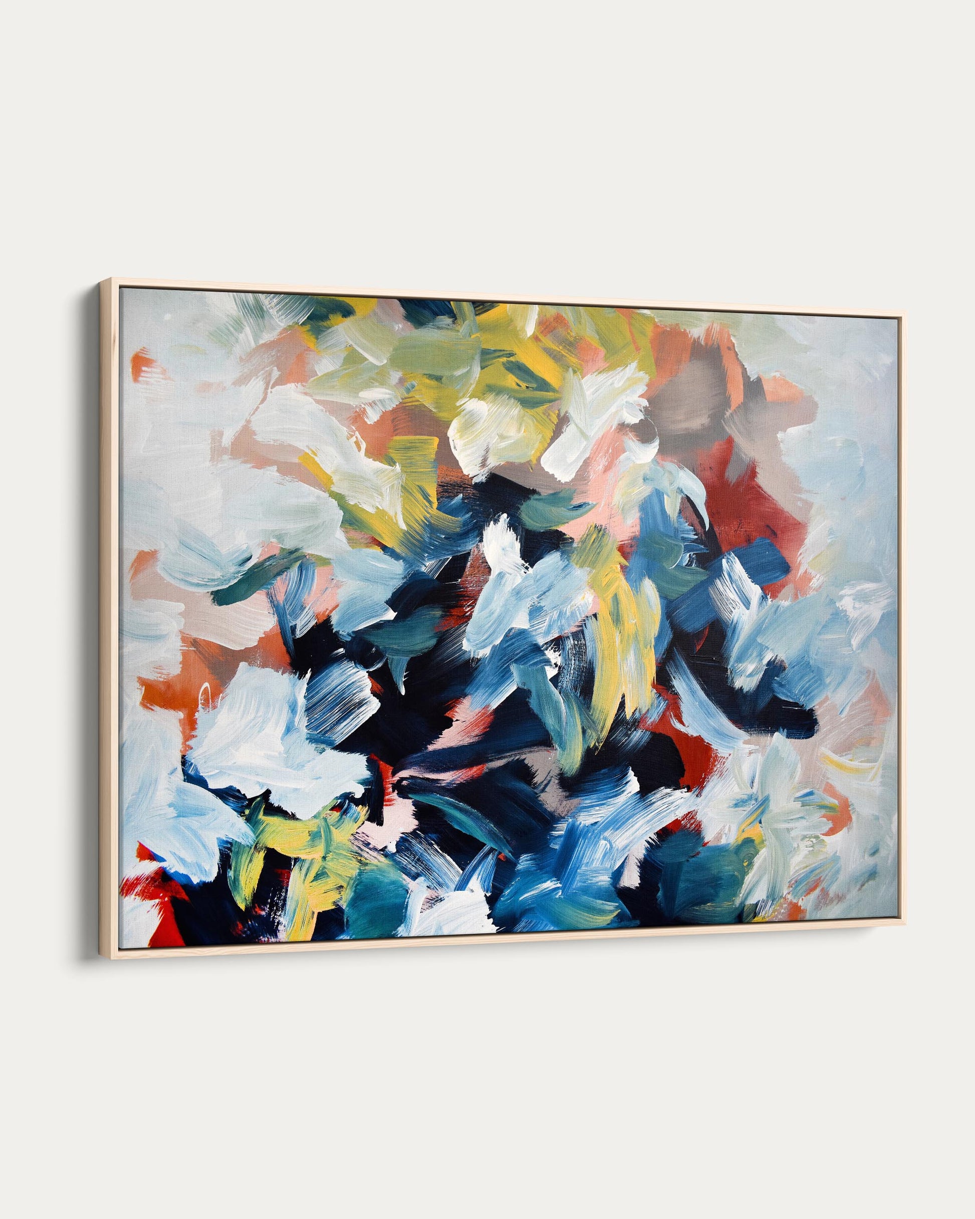 Abstract painting with colorful brush strokes on a white wall