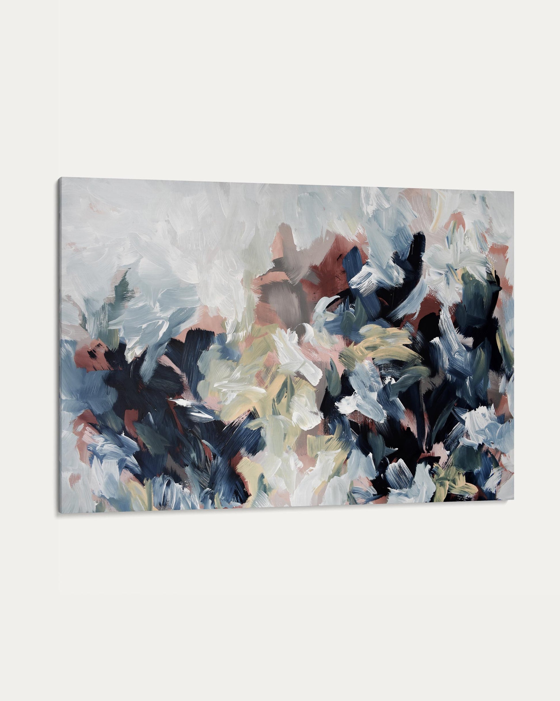 Abstract painting with a mix of blue, white, and black colors on a light gray background