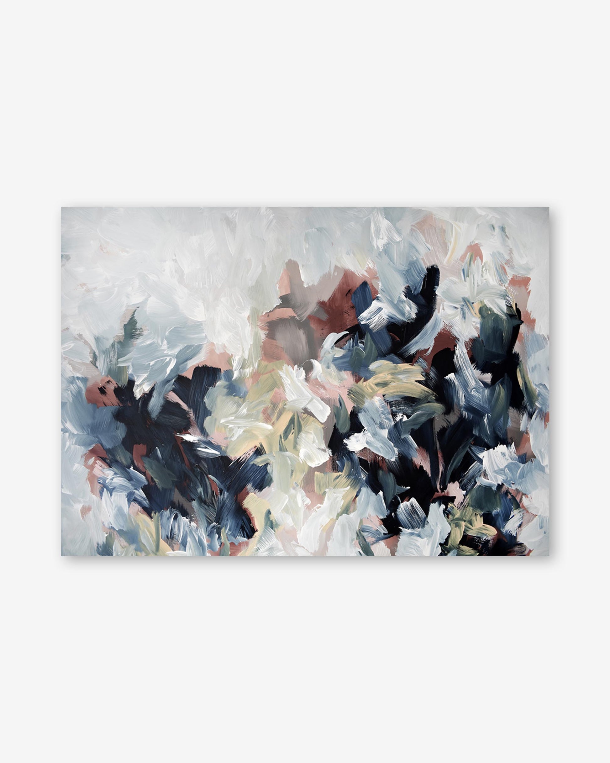 Abstract painting with a mix of blue, pink, and black colors on a white background