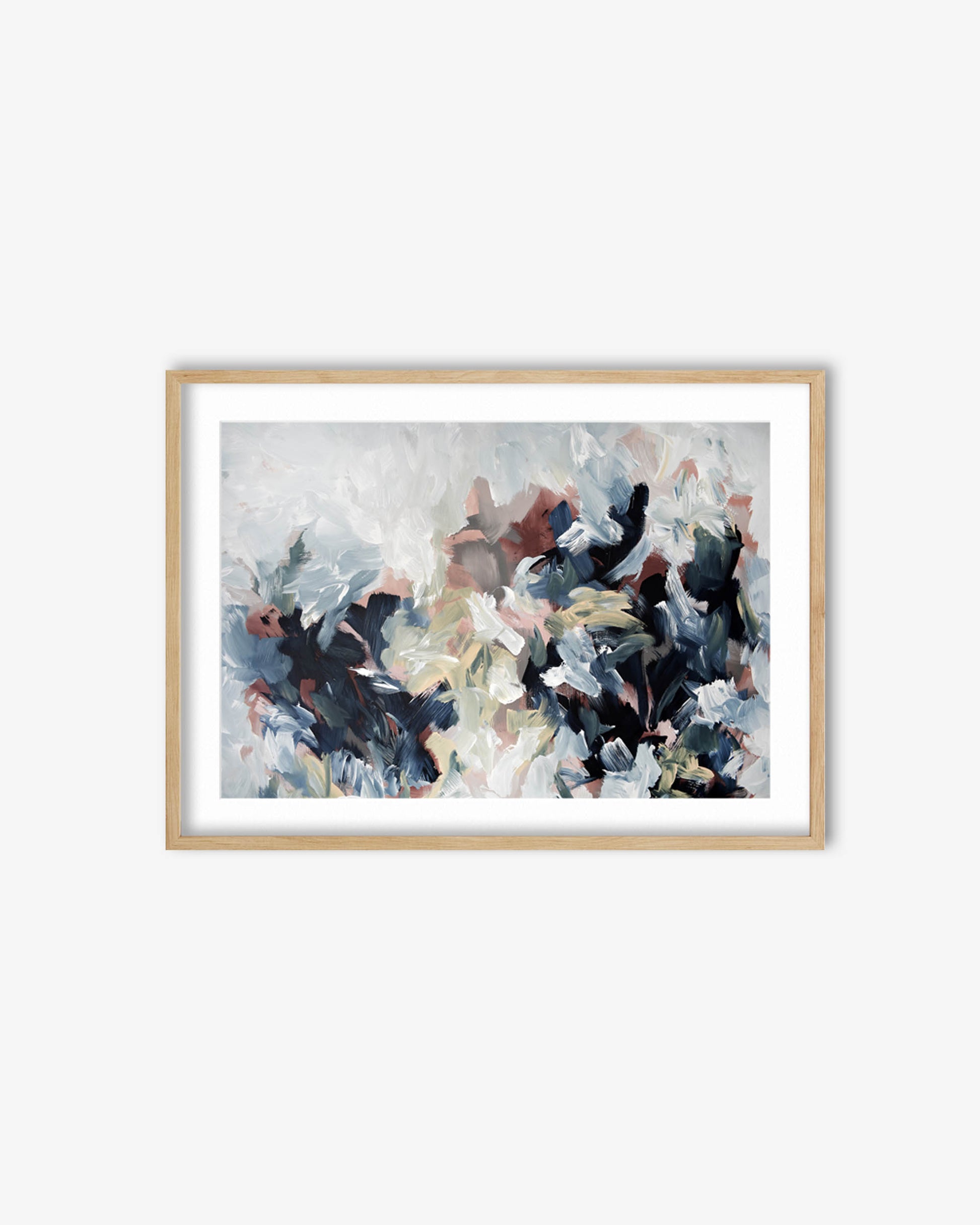 Framed abstract painting with a wooden frame on a white wall