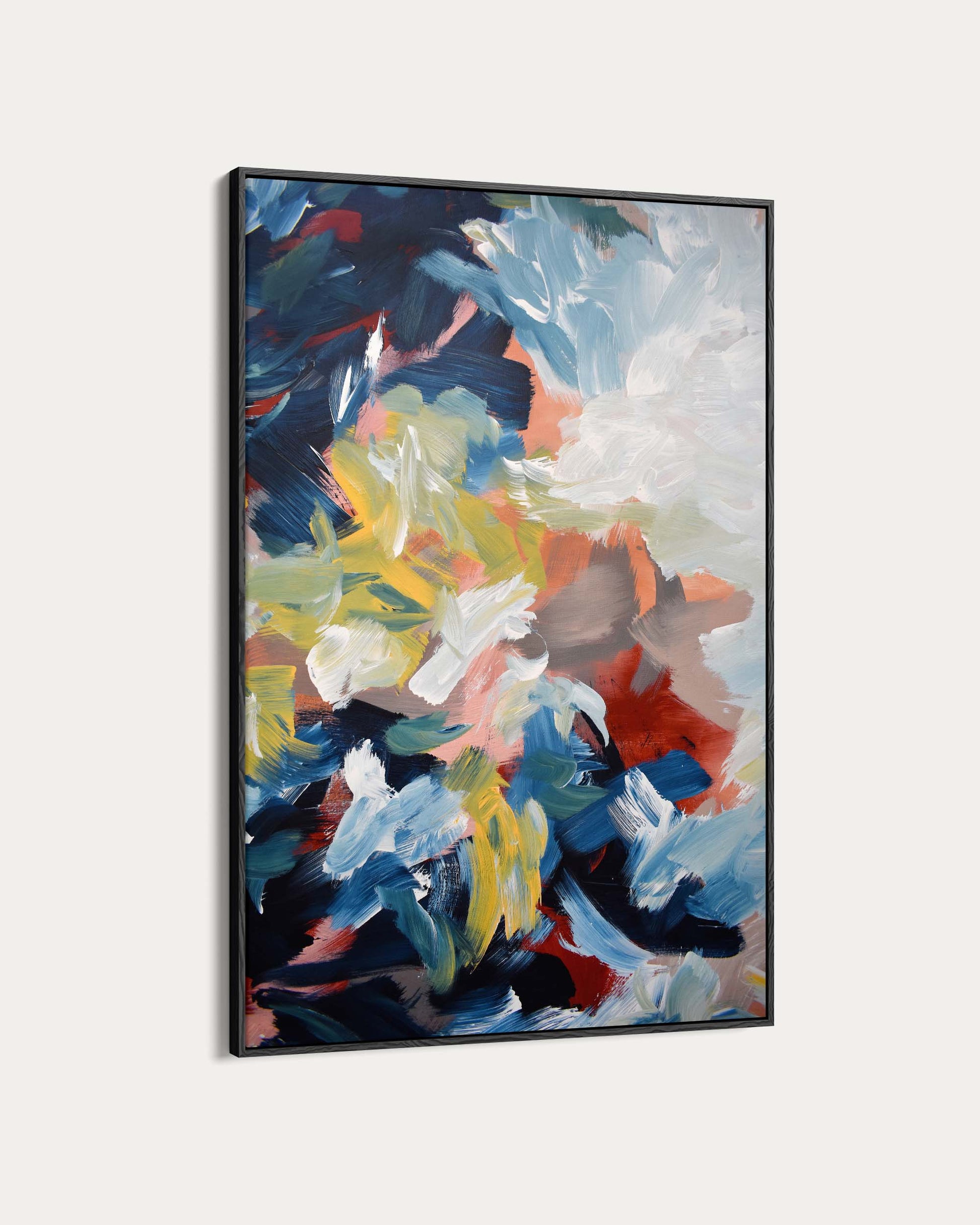 Abstract painting with colorful brush strokes in a black frame on a white background