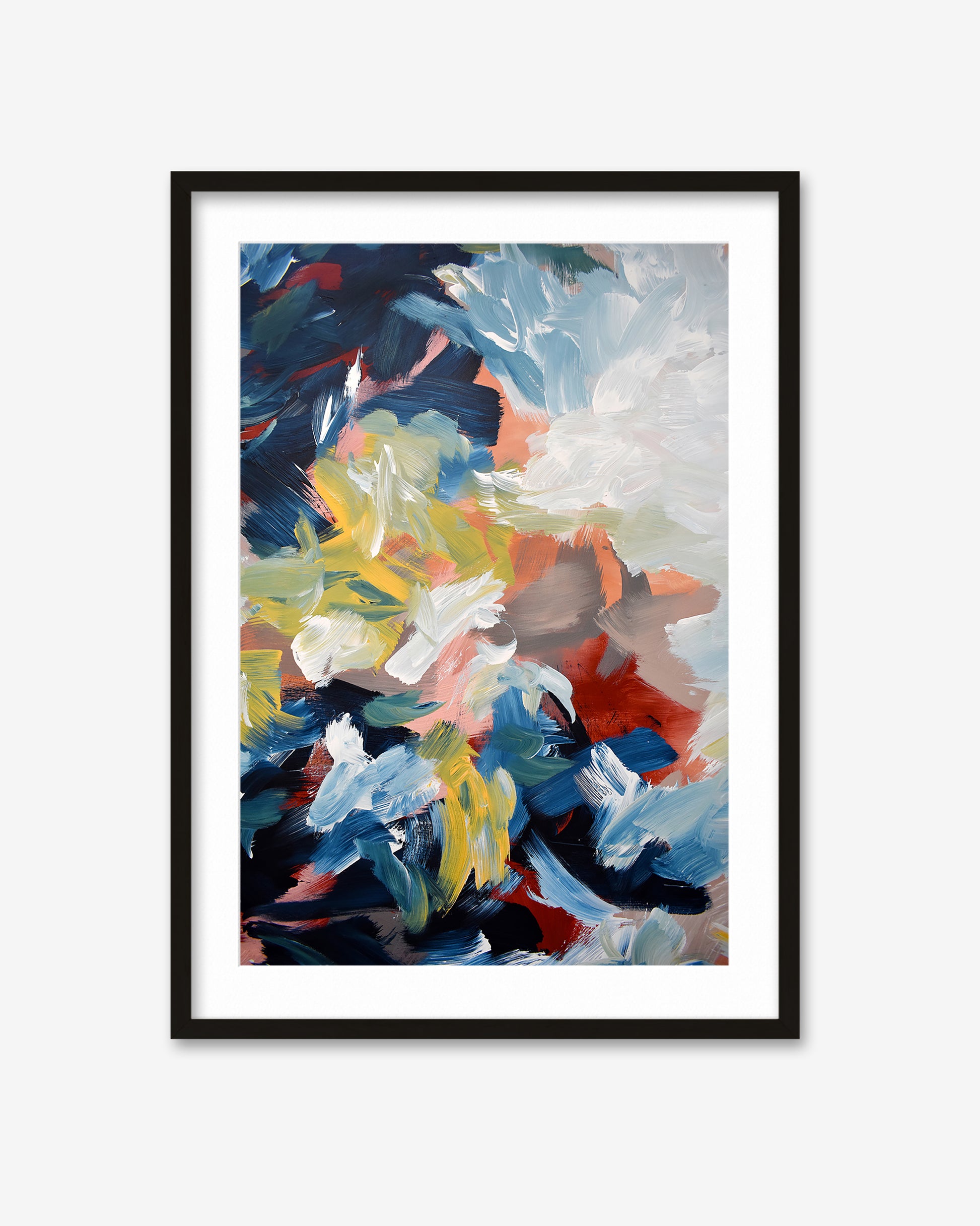 Framed abstract painting with colorful brush strokes on a white wall