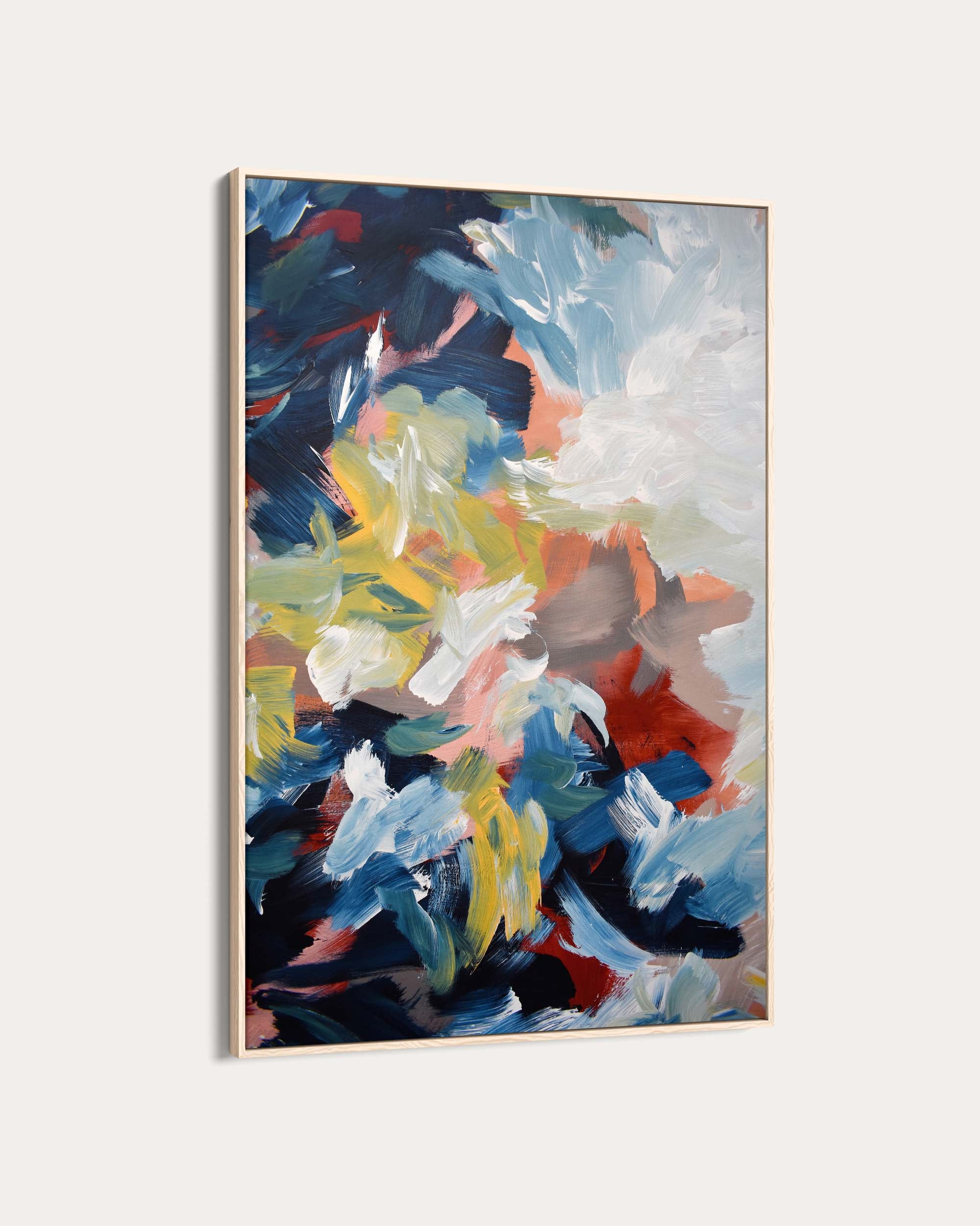 Abstract painting with colorful brush strokes on a white background