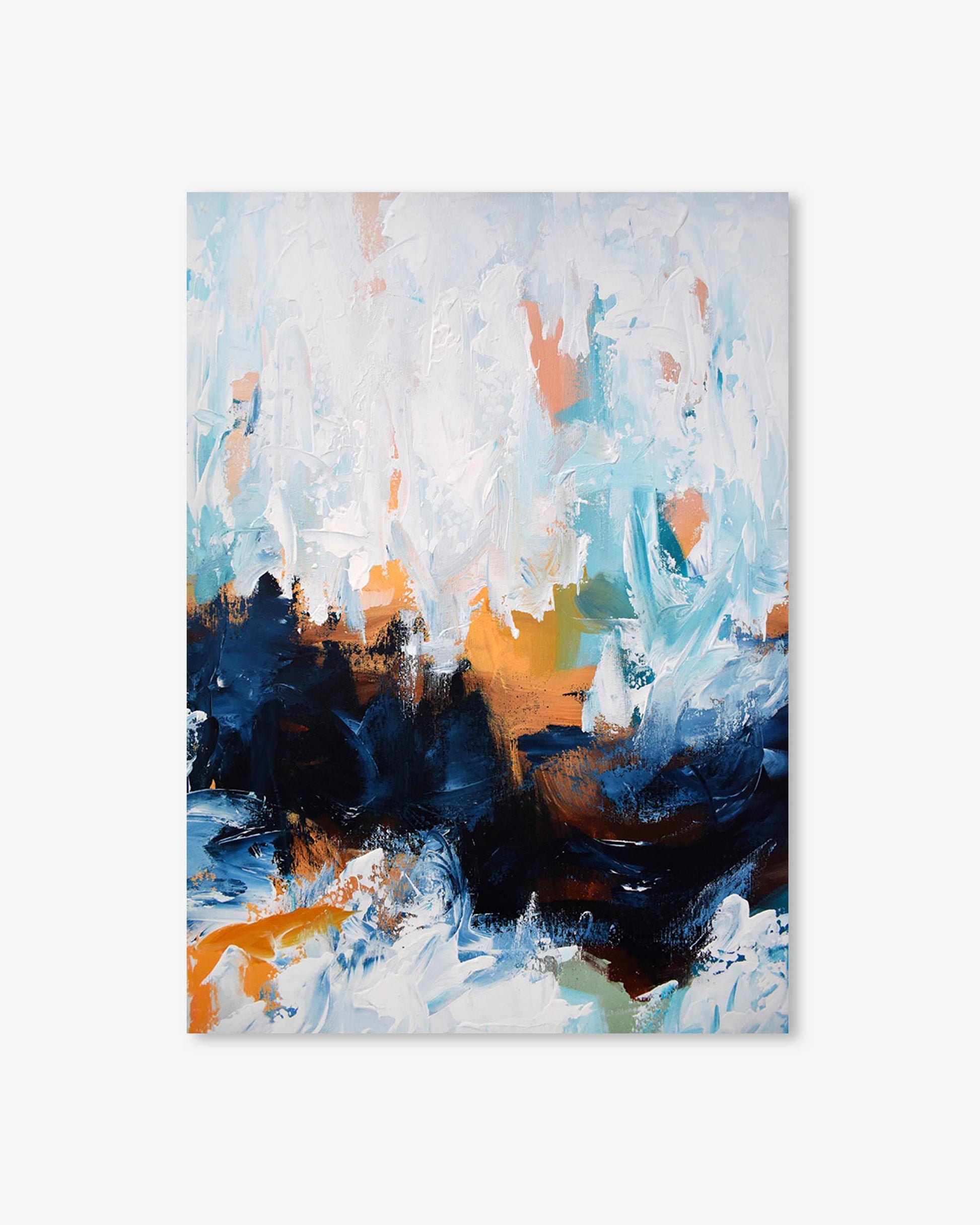 Abstract painting with blue, orange, and black strokes on a white background
