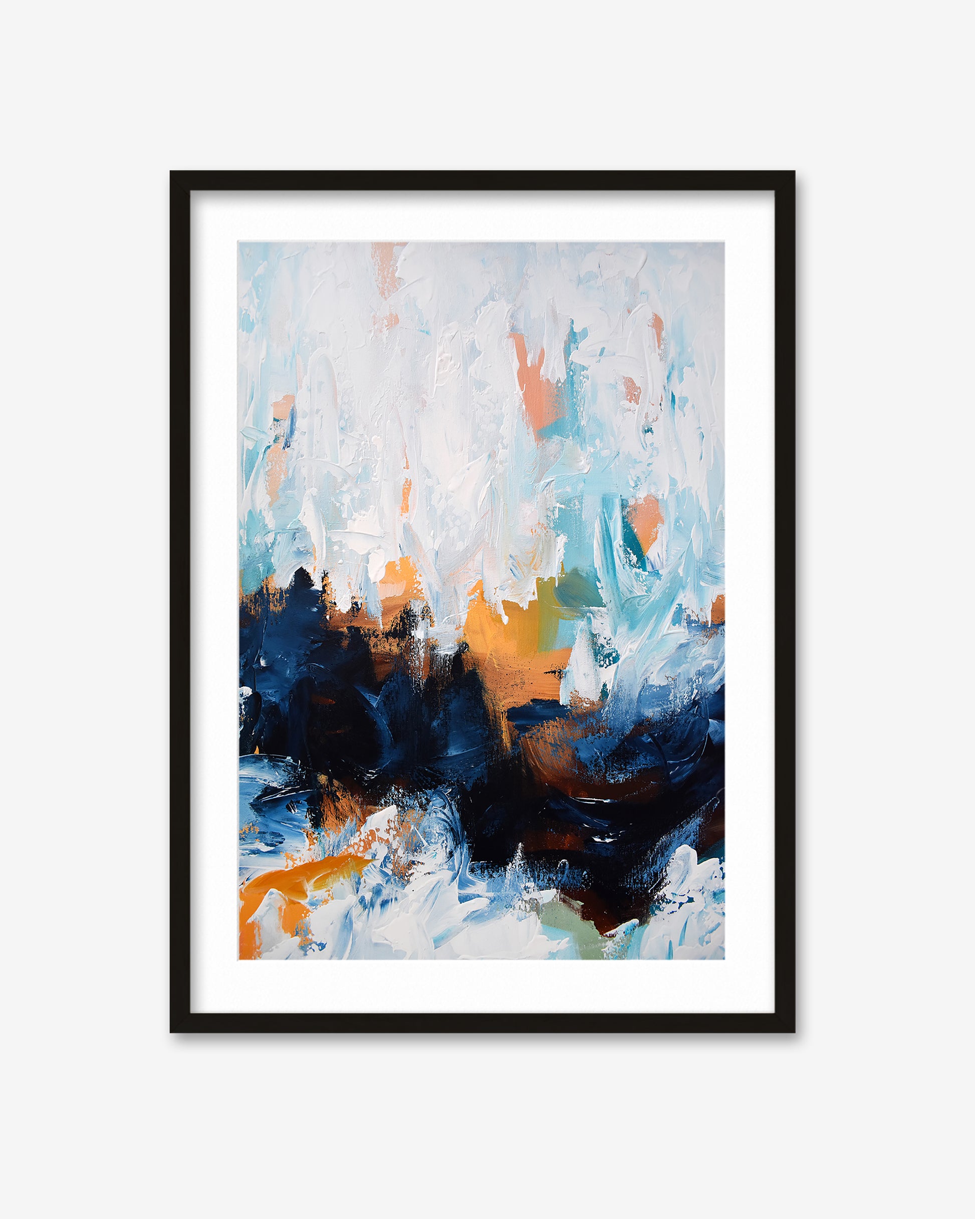 Framed abstract art print with blue, orange, and black colors on a white background