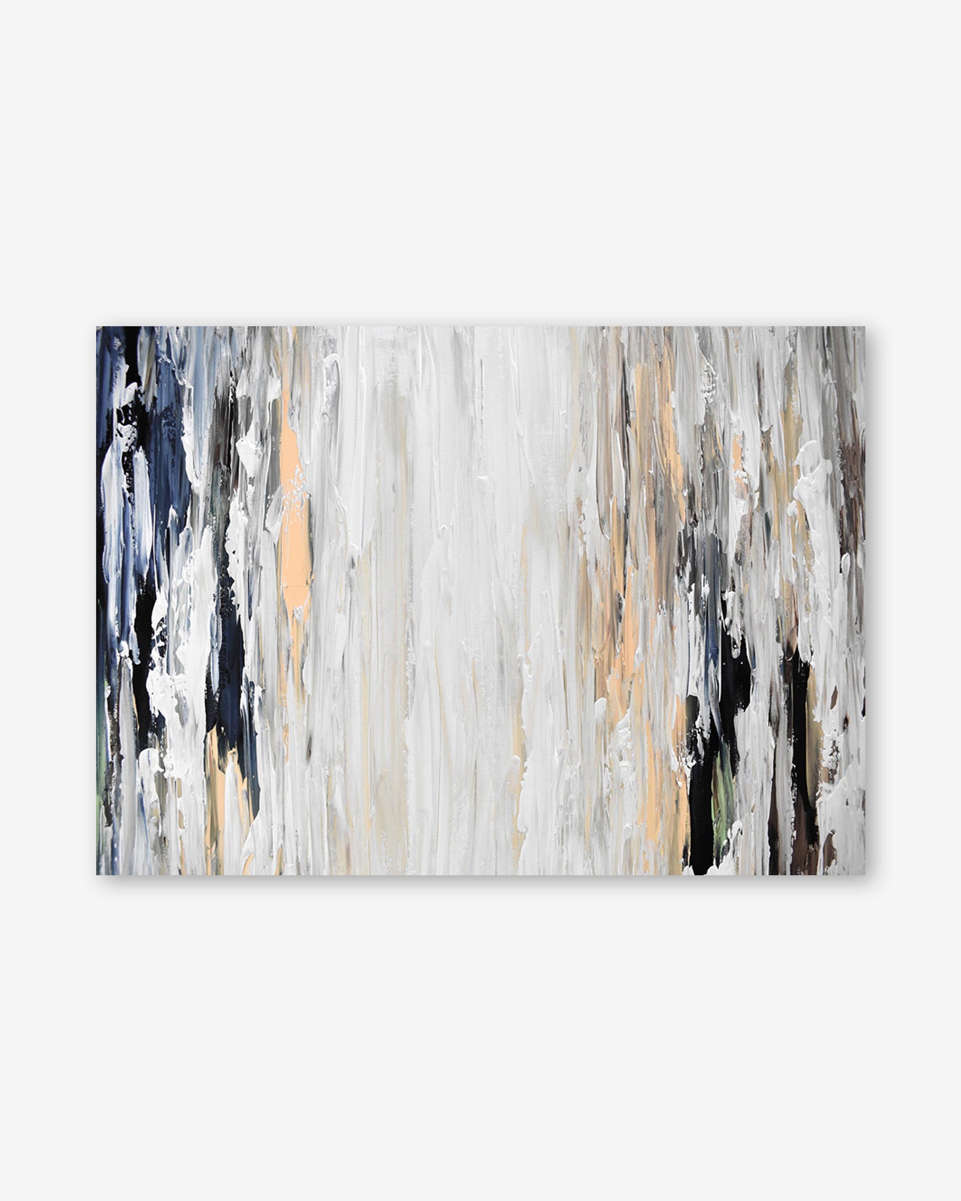 Abstract art painting with horizontal brush strokes in black, white, and gold on a white background