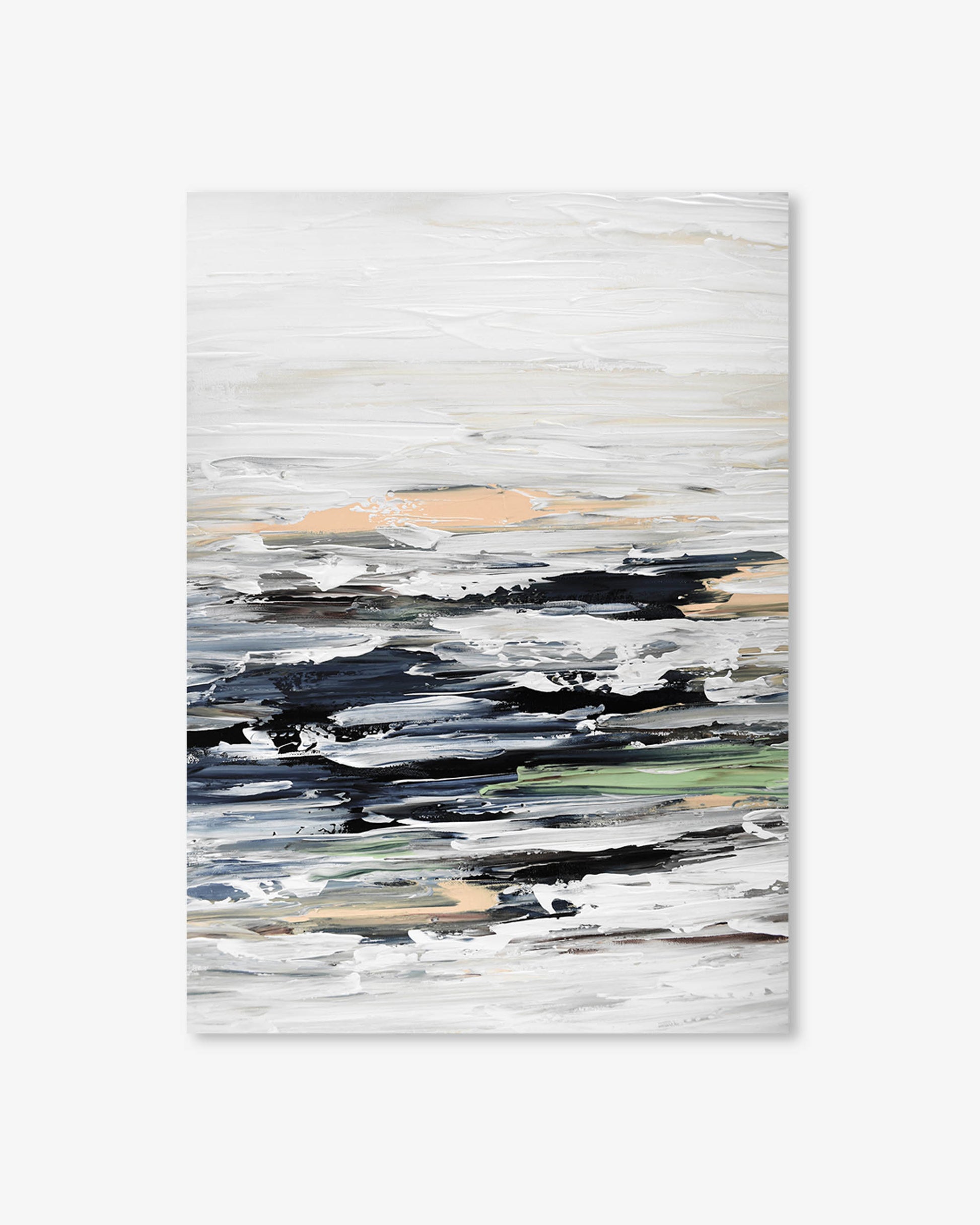 Abstract art print with black, white, and beige brush strokes on a white background