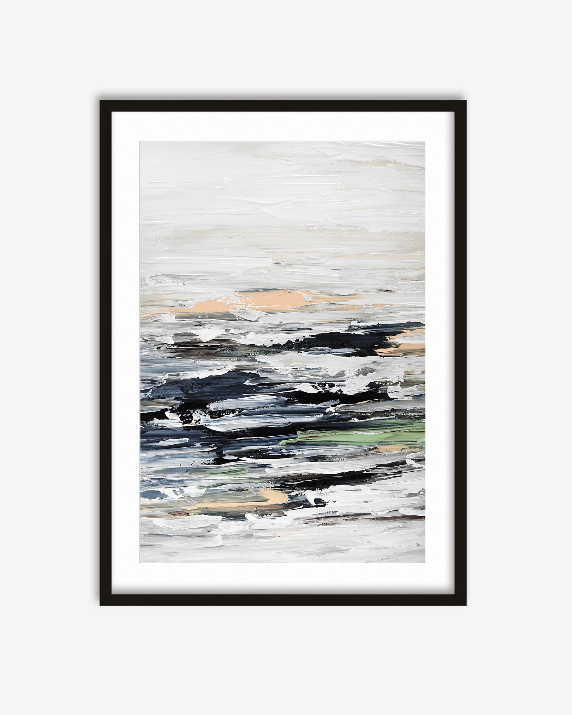 Framed abstract art print with black, white, and gray brush strokes on a white background