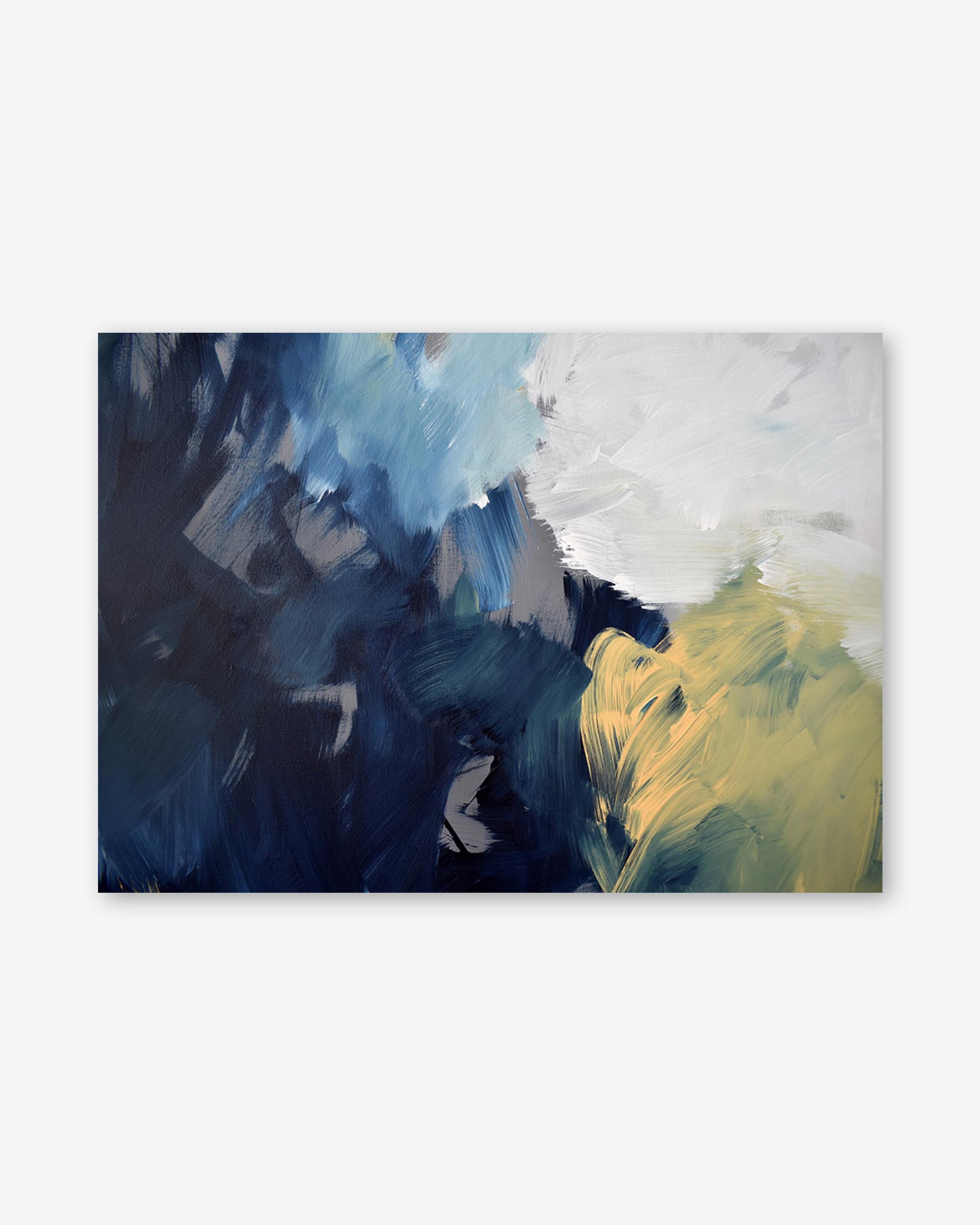 Abstract painting with blue, white, and yellow strokes on a white background