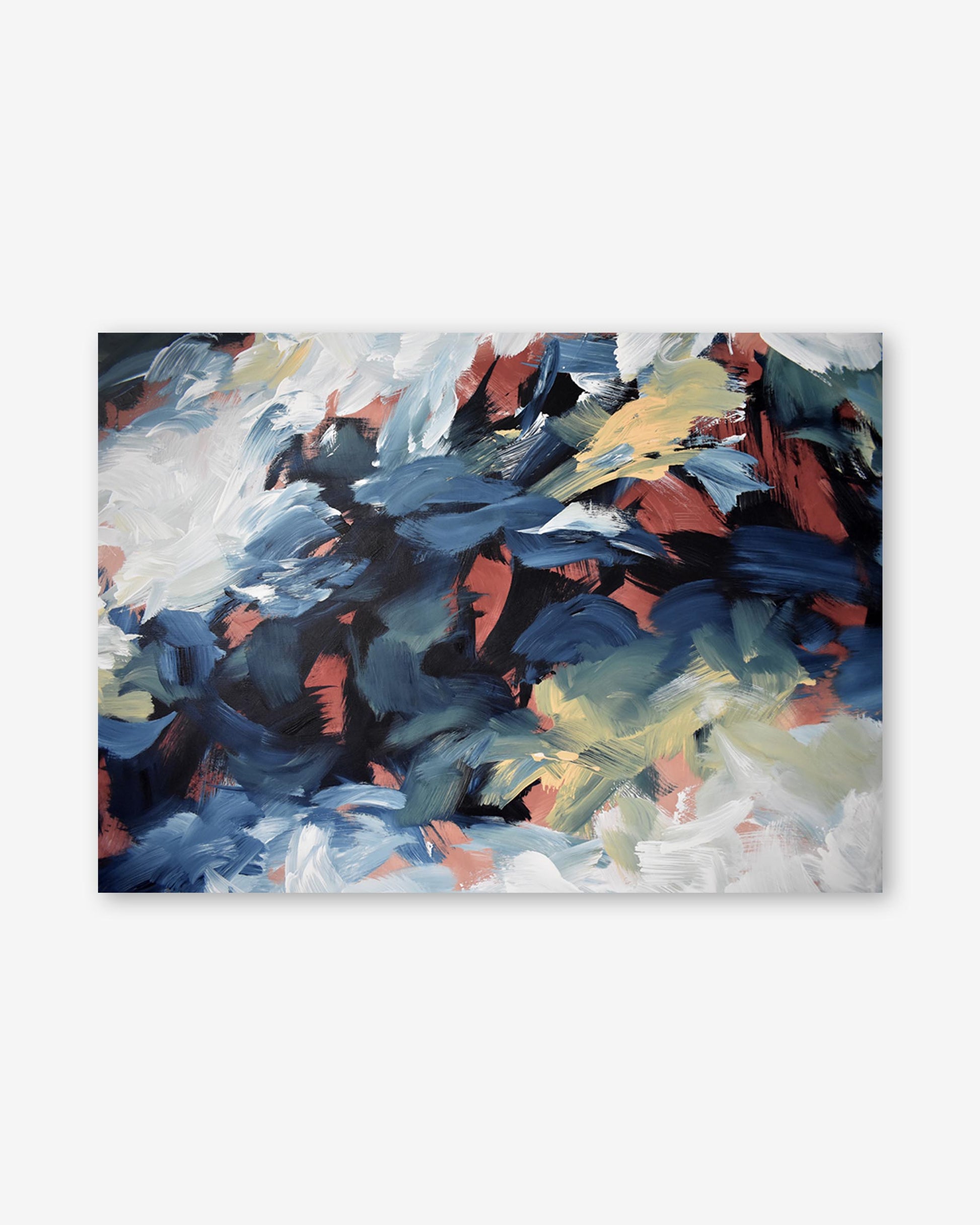 Abstract painting with bold brush strokes in various colors on a white background