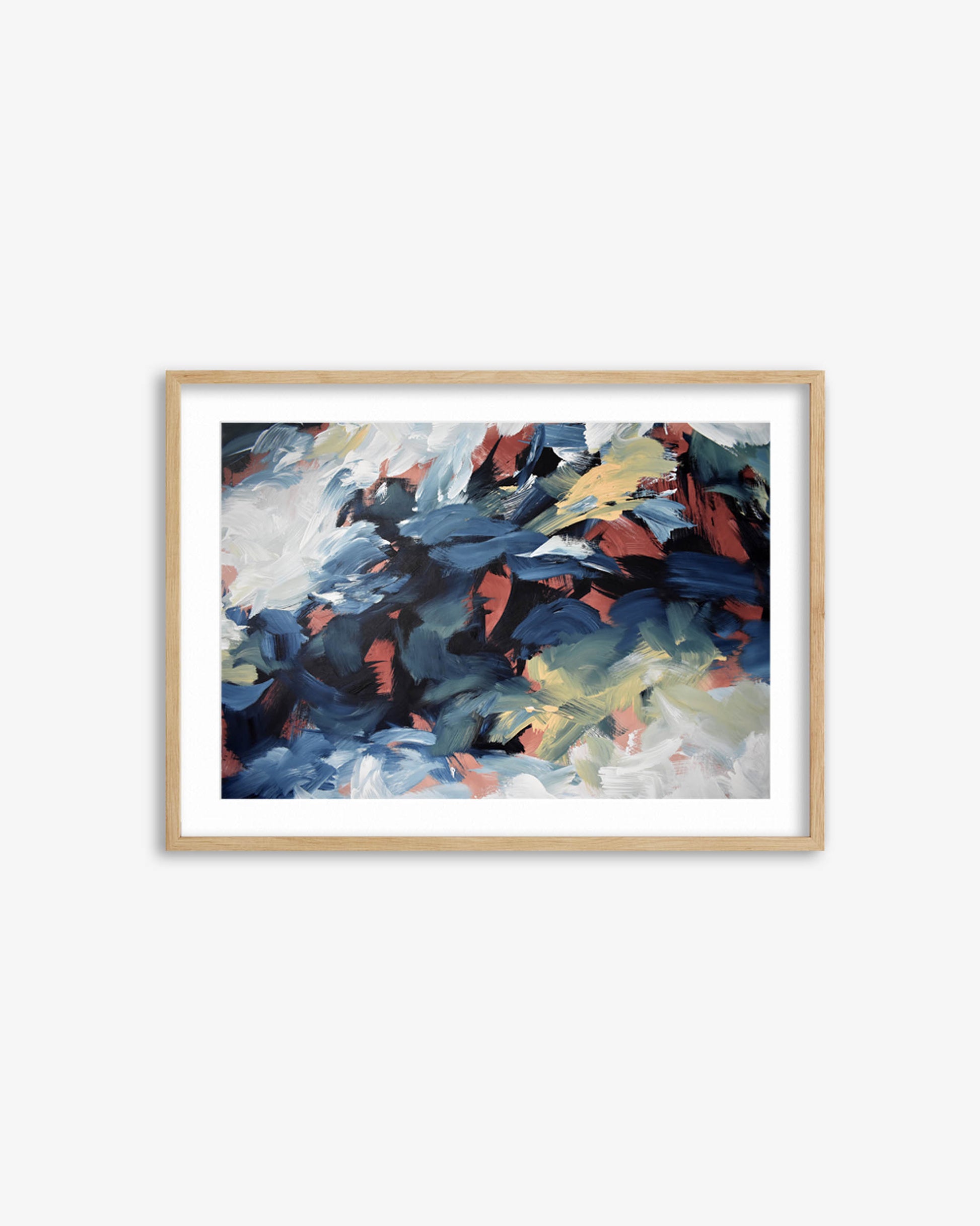 Framed abstract painting with colorful brush strokes on a white background
