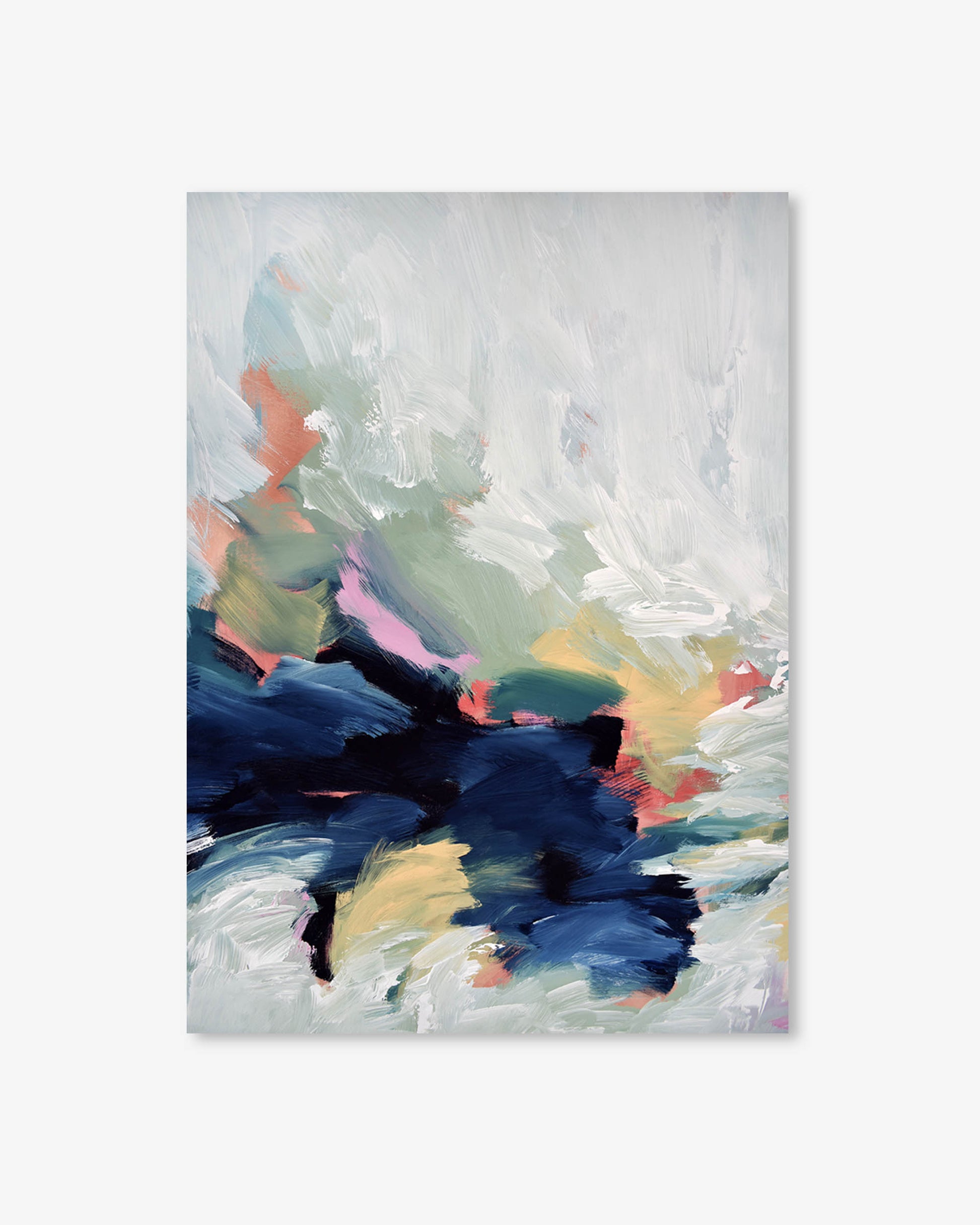 Abstract painting with multicolored brush strokes on a light gray background