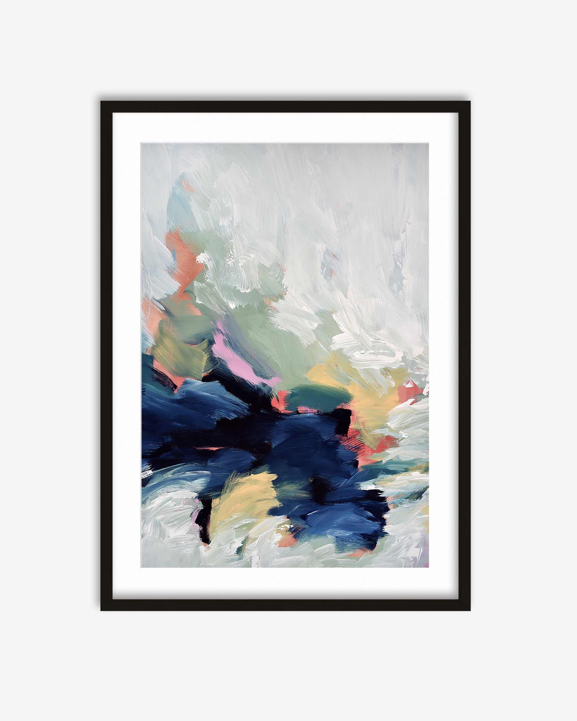 Framed abstract art print with colorful brush strokes on a white background