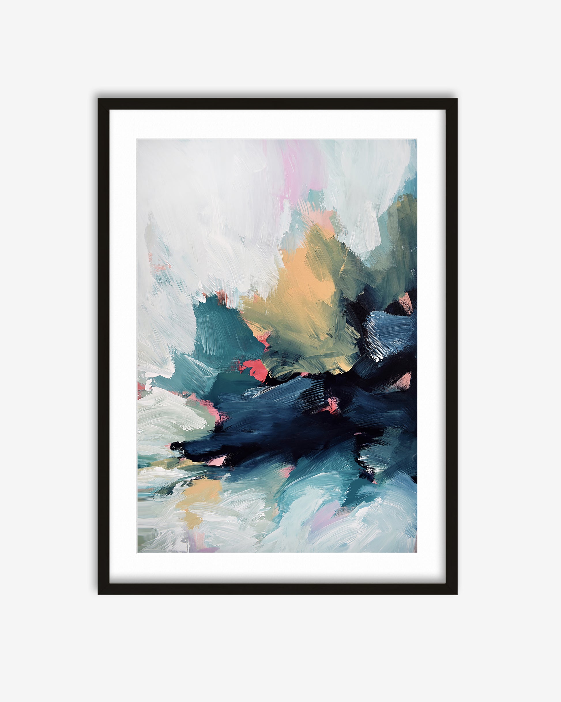 Framed abstract art print with colorful brush strokes on a white background