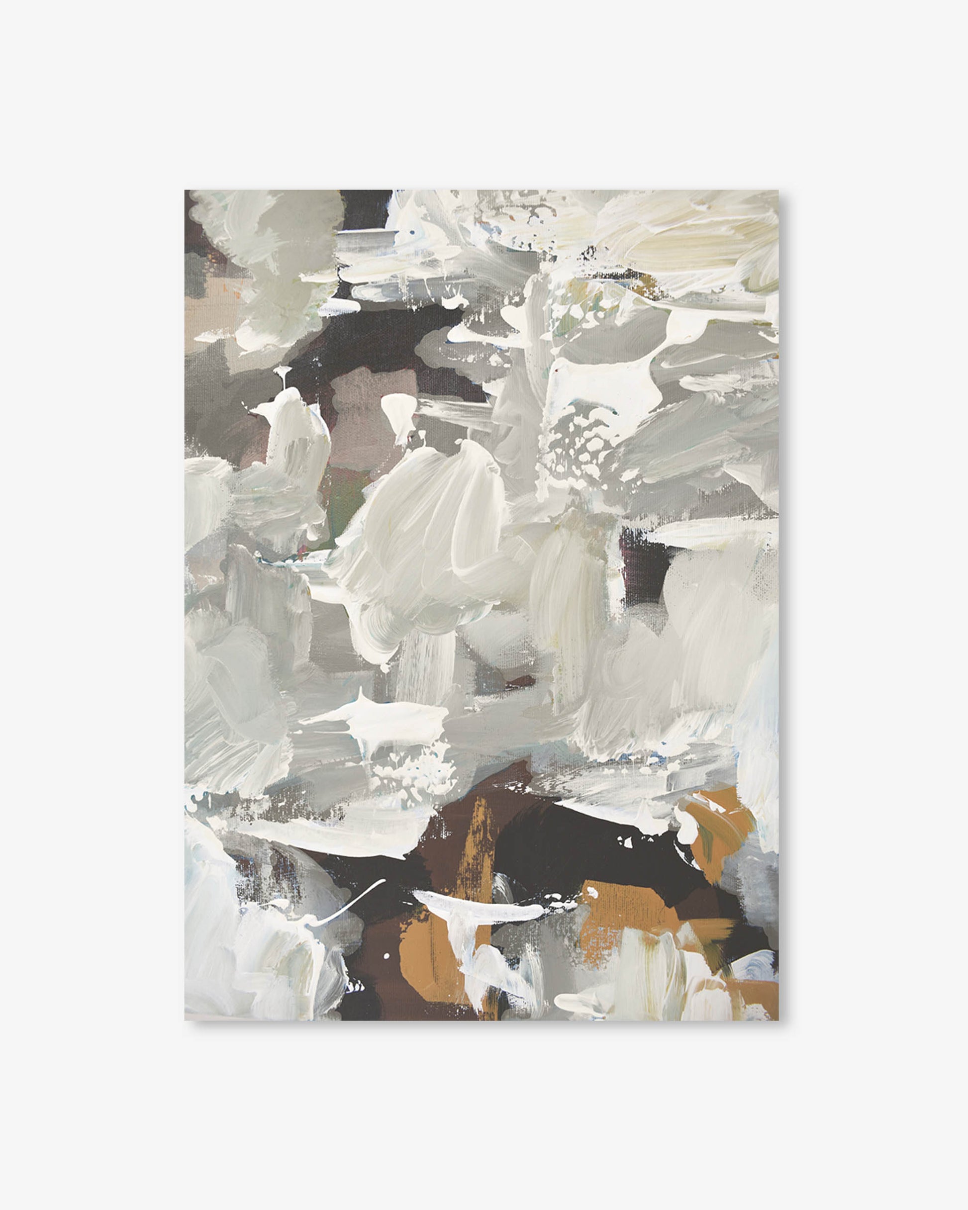 Abstract art print with black, white, and brown abstract brush strokes on a white background