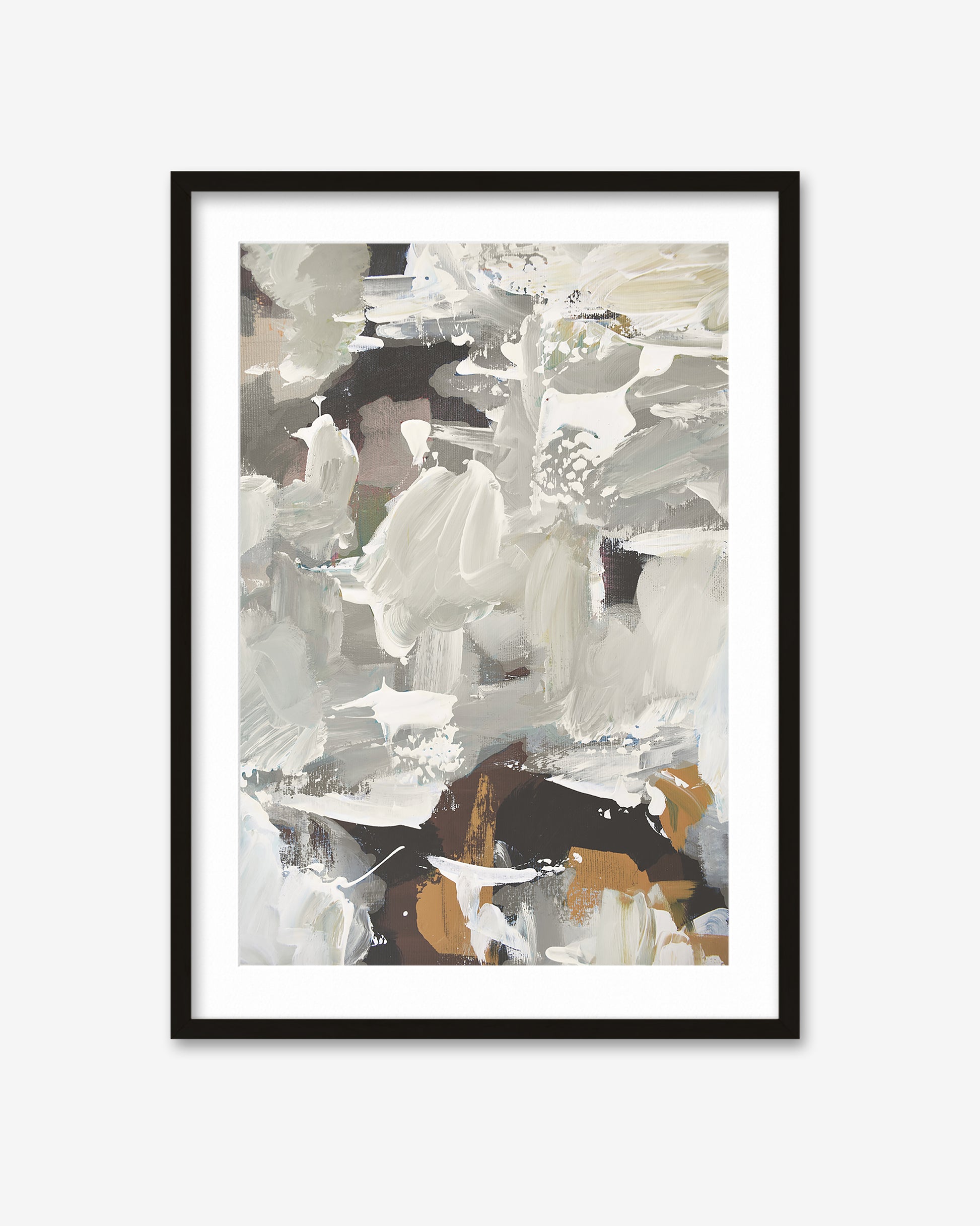 Framed abstract art print with neutral tones on a white background