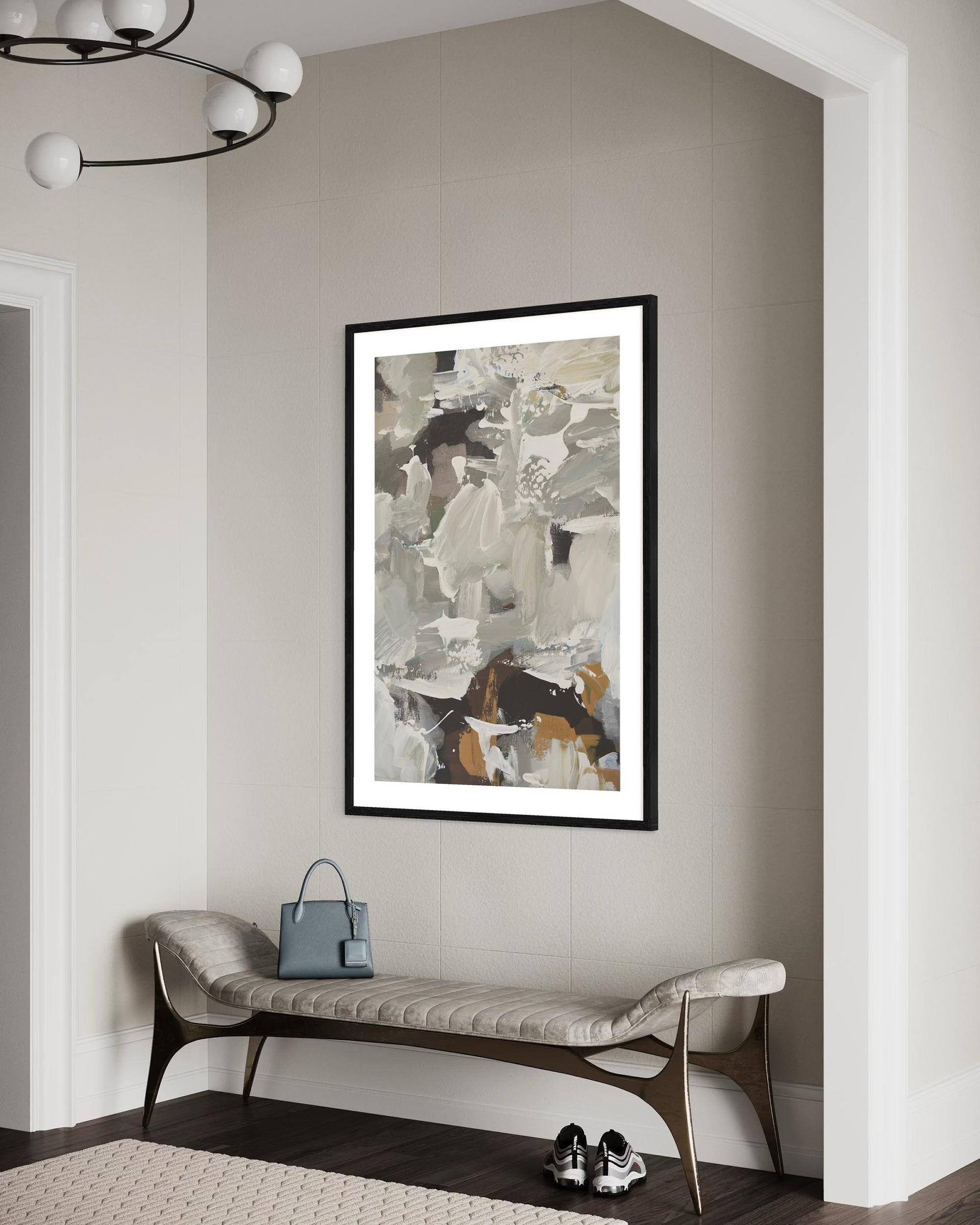 large abstract wall art print framed in a hallway