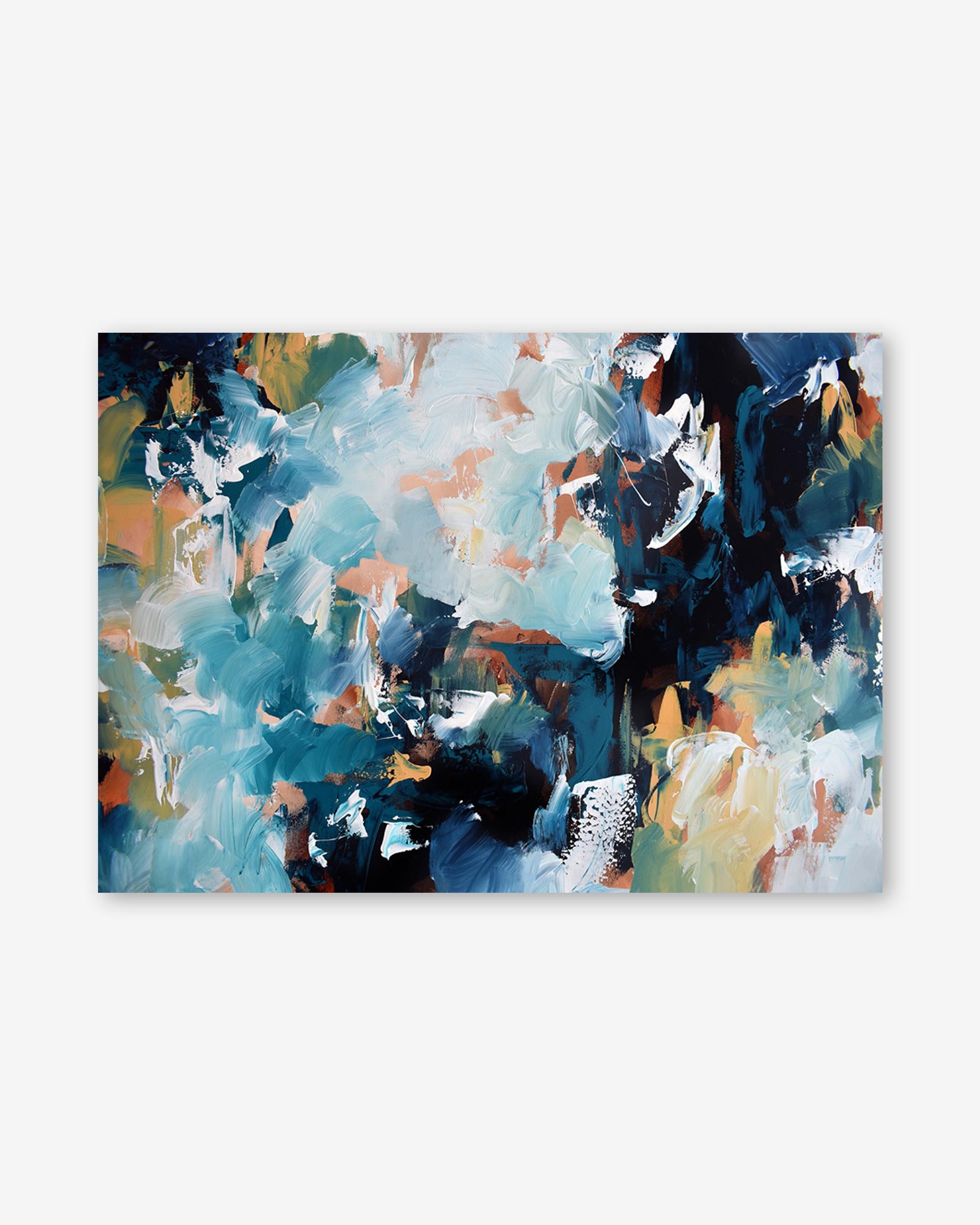 Abstract art print with blue, green, and orange colors on a white background