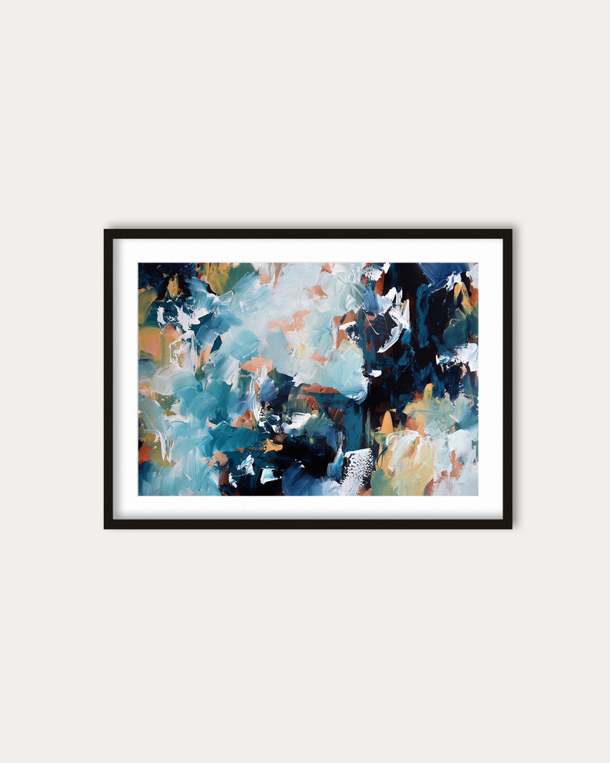 Framed abstract art print on a white wall