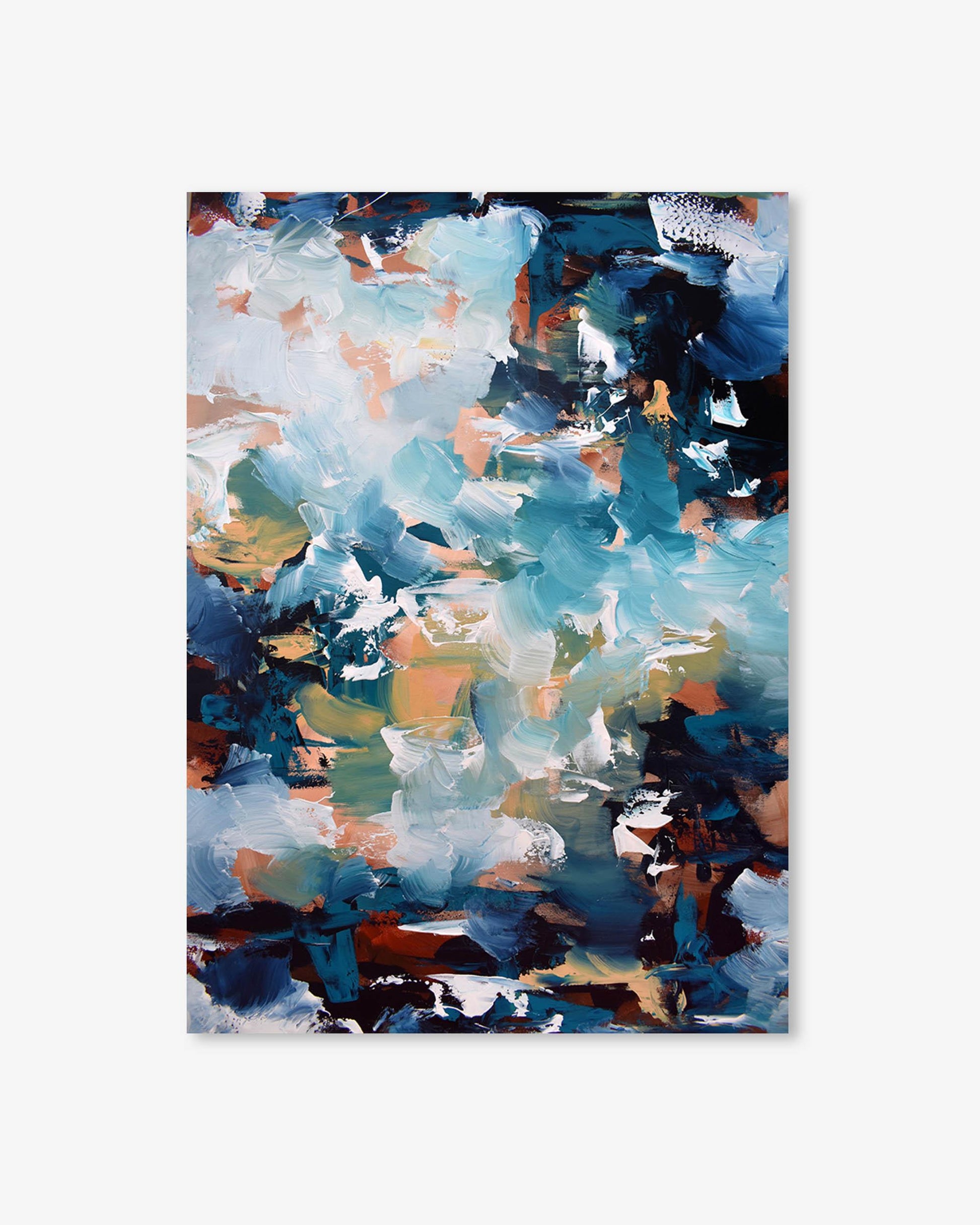 Abstract art print with blue, green, and brown colors on a white background
