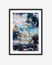 Framed abstract art print with blue, green, and orange colors on a white background