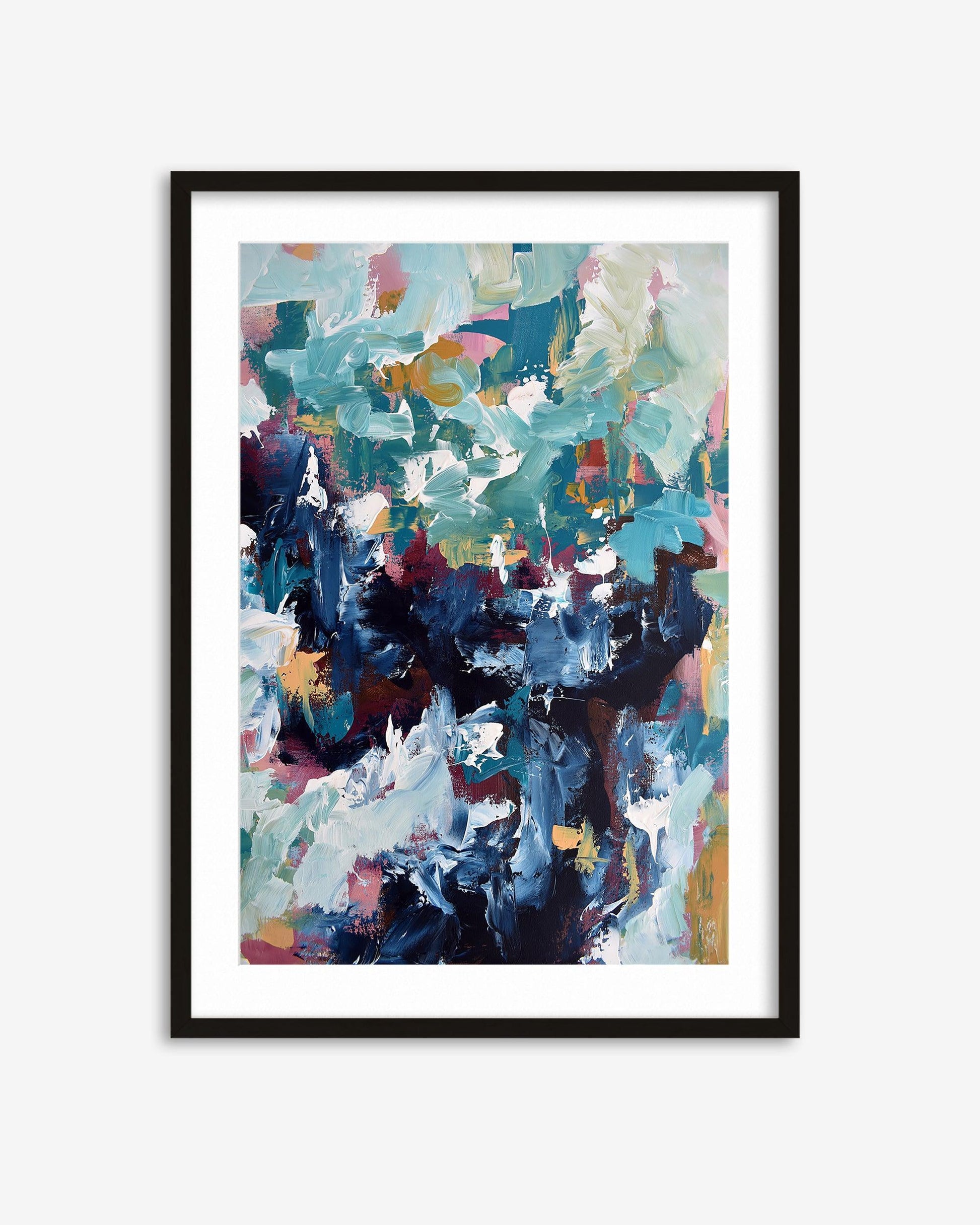 Framed abstract art print with colorful brush strokes on a white background