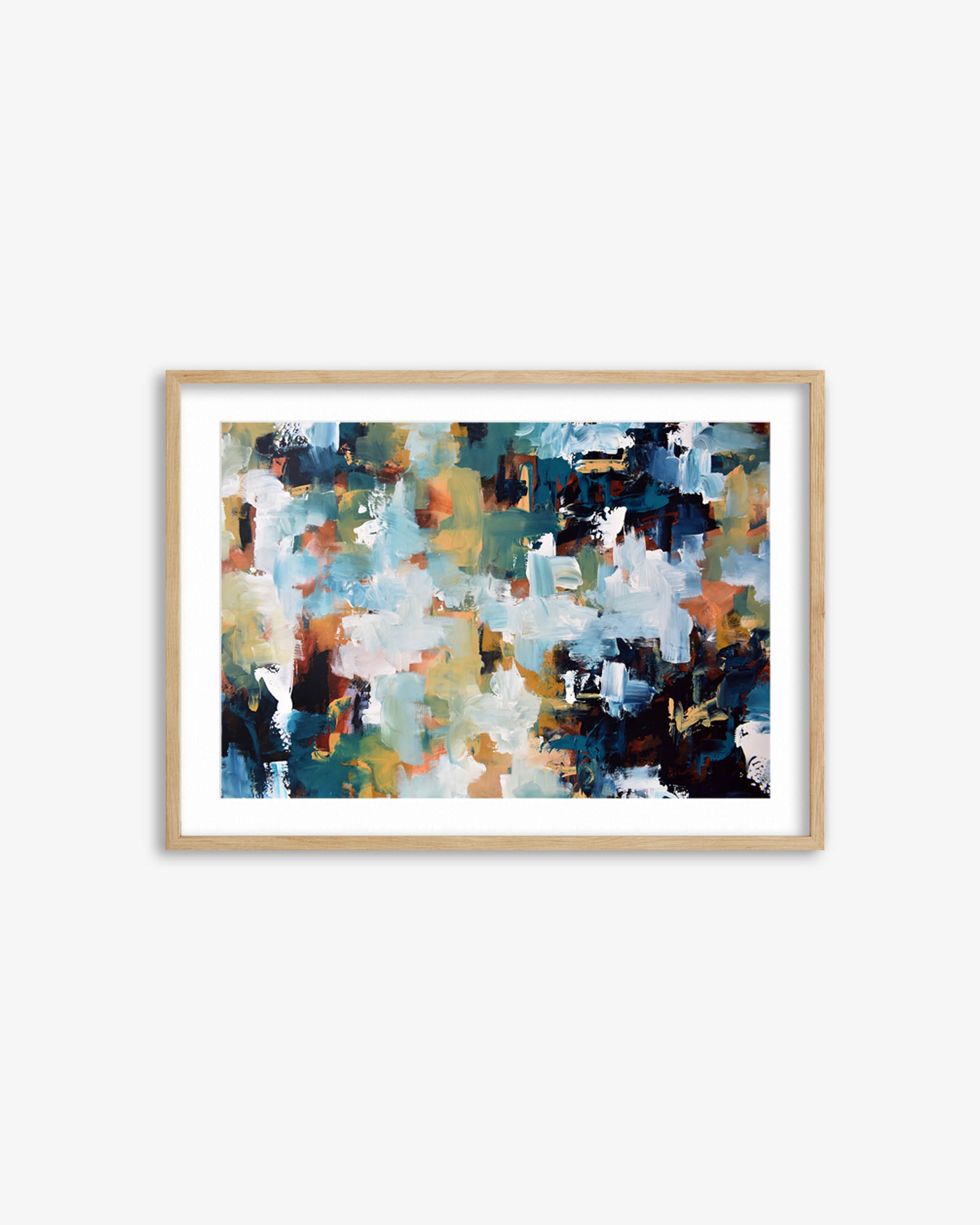 Framed abstract art print with multicolor palette on a white wall
