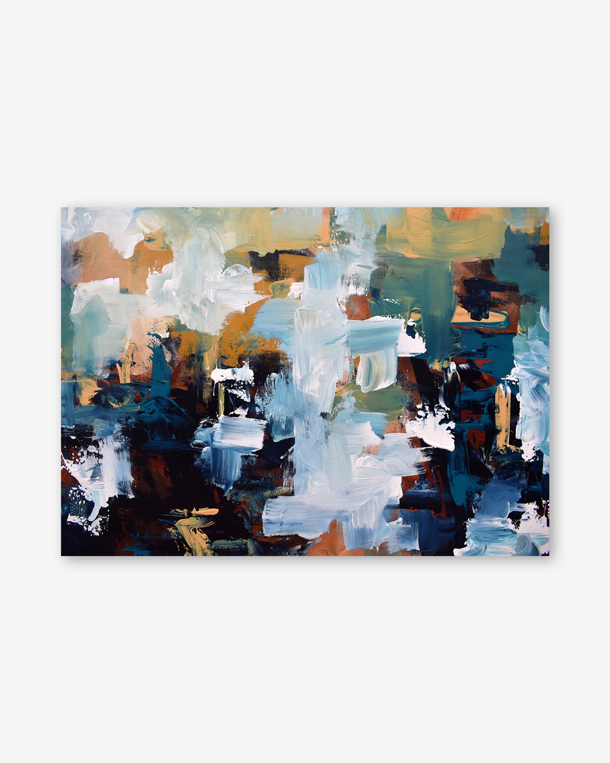 Abstract art print with a mix of blue, green, and brown colors on a white background