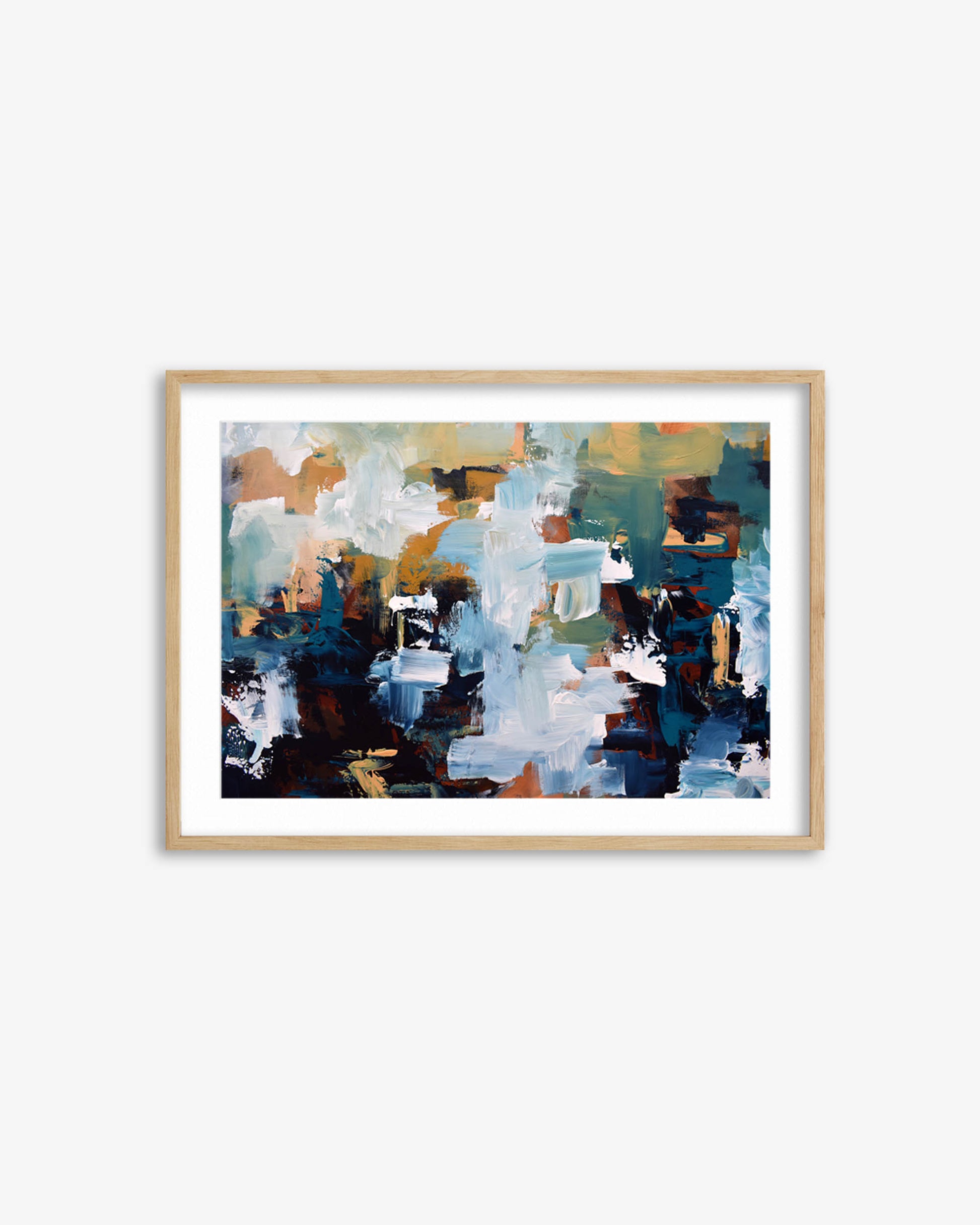Framed abstract art print on a white wall