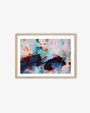 Framed abstract painting with colorful brush strokes on a white background