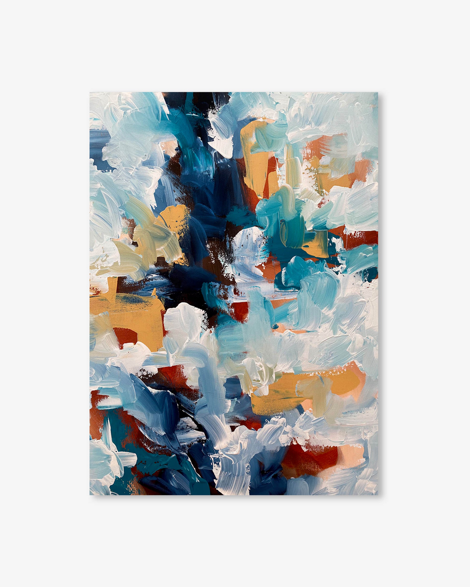 Abstract painting with a mix of blue, orange, and white on a light gray background