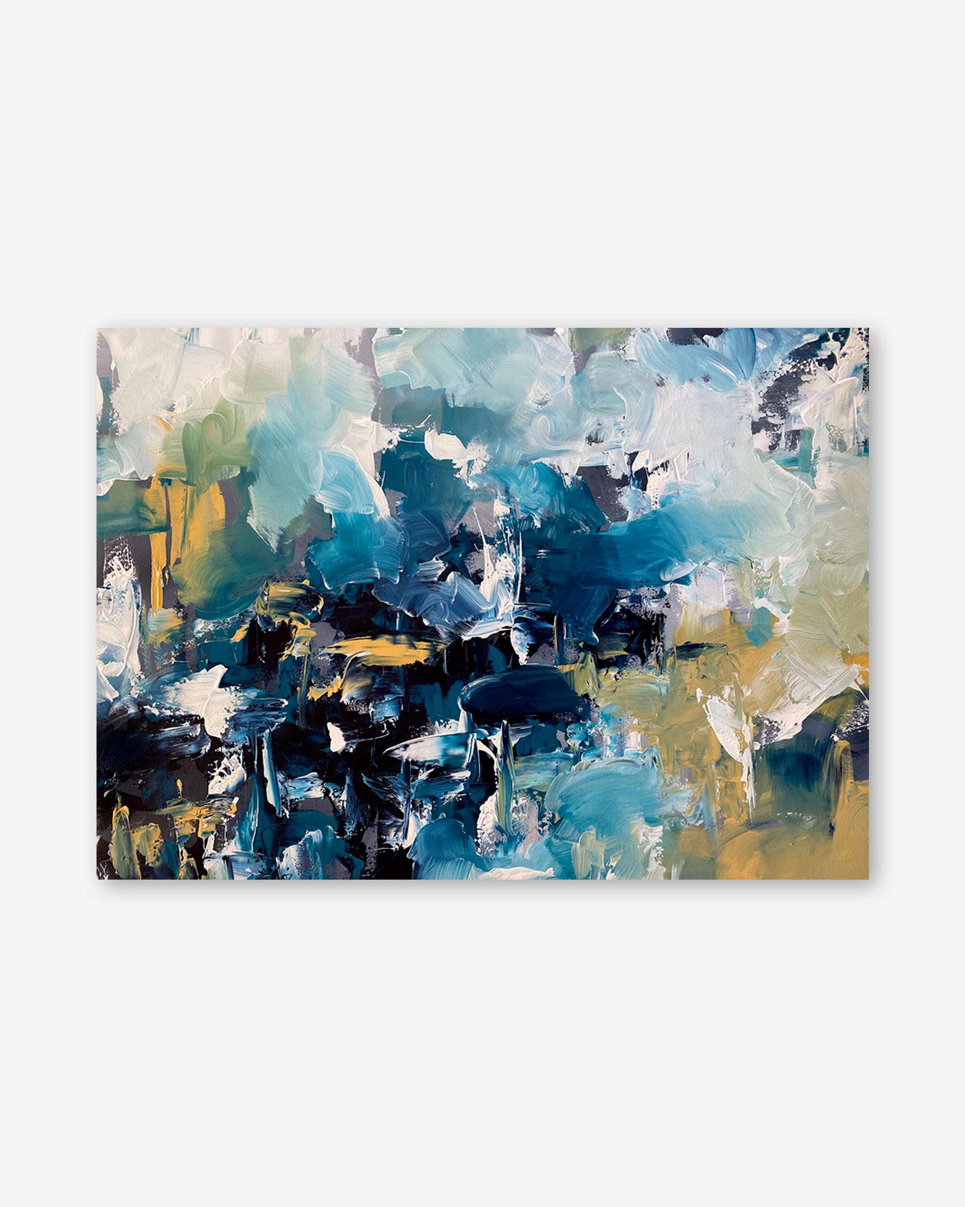 Abstract painting with a mix of blue, green, and yellow on a white background