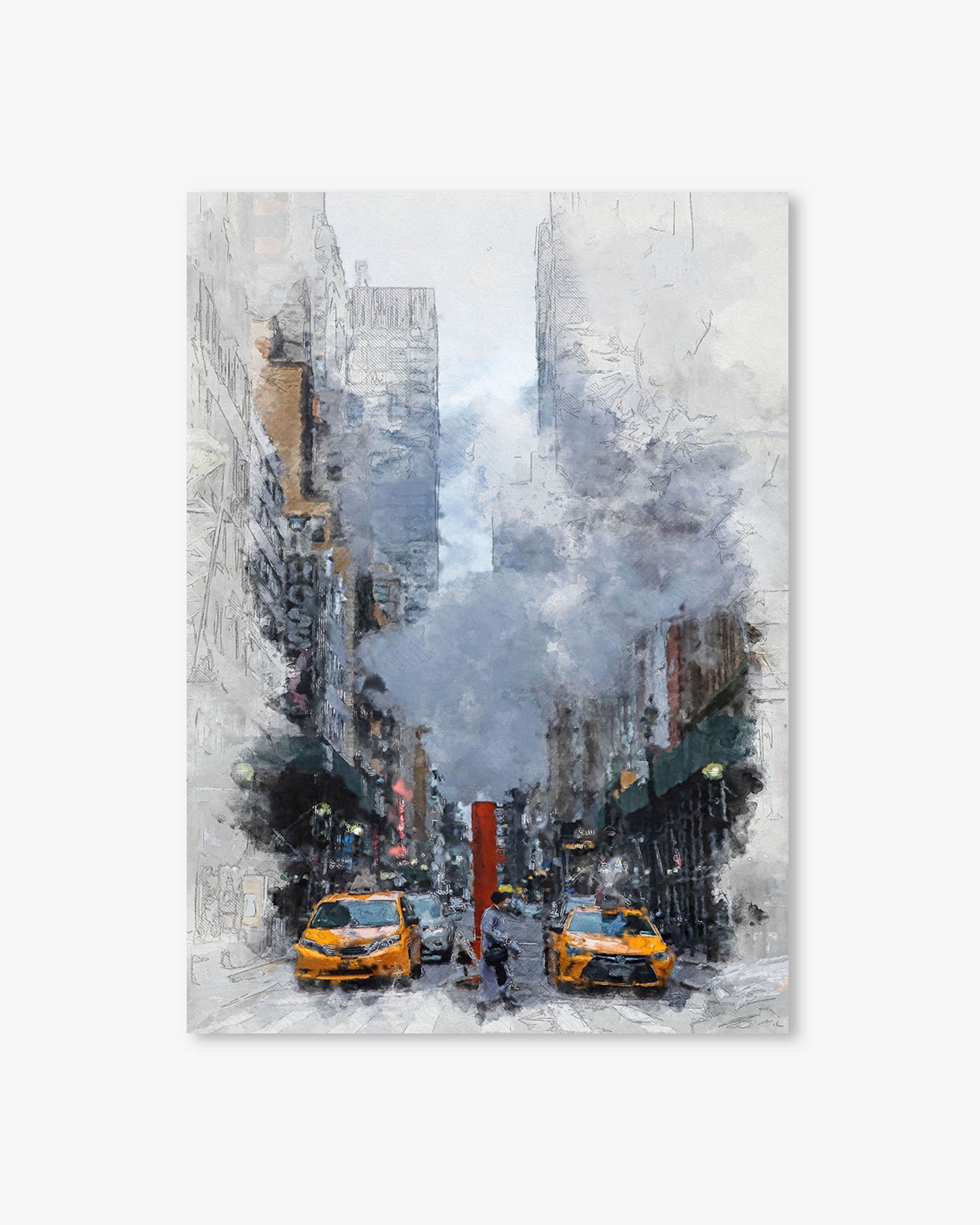 City street scene with yellow taxis and steam, artistic style